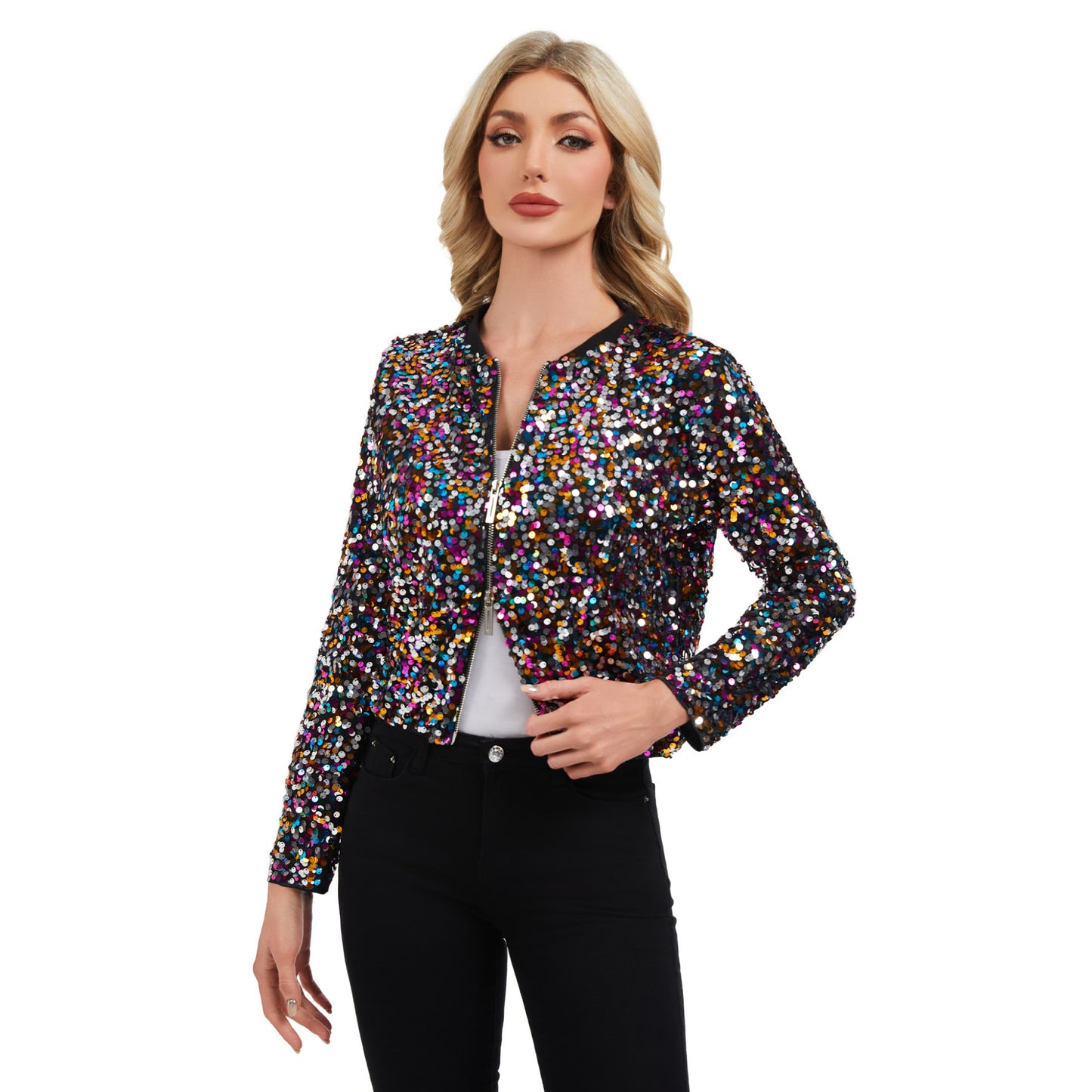Sequin Bomber Jacket with Zipper Front and Ribbed Trim