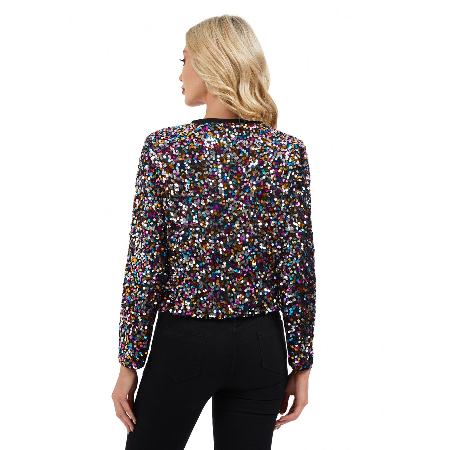 Sequin Bomber Jacket with Zipper Front and Ribbed Trim