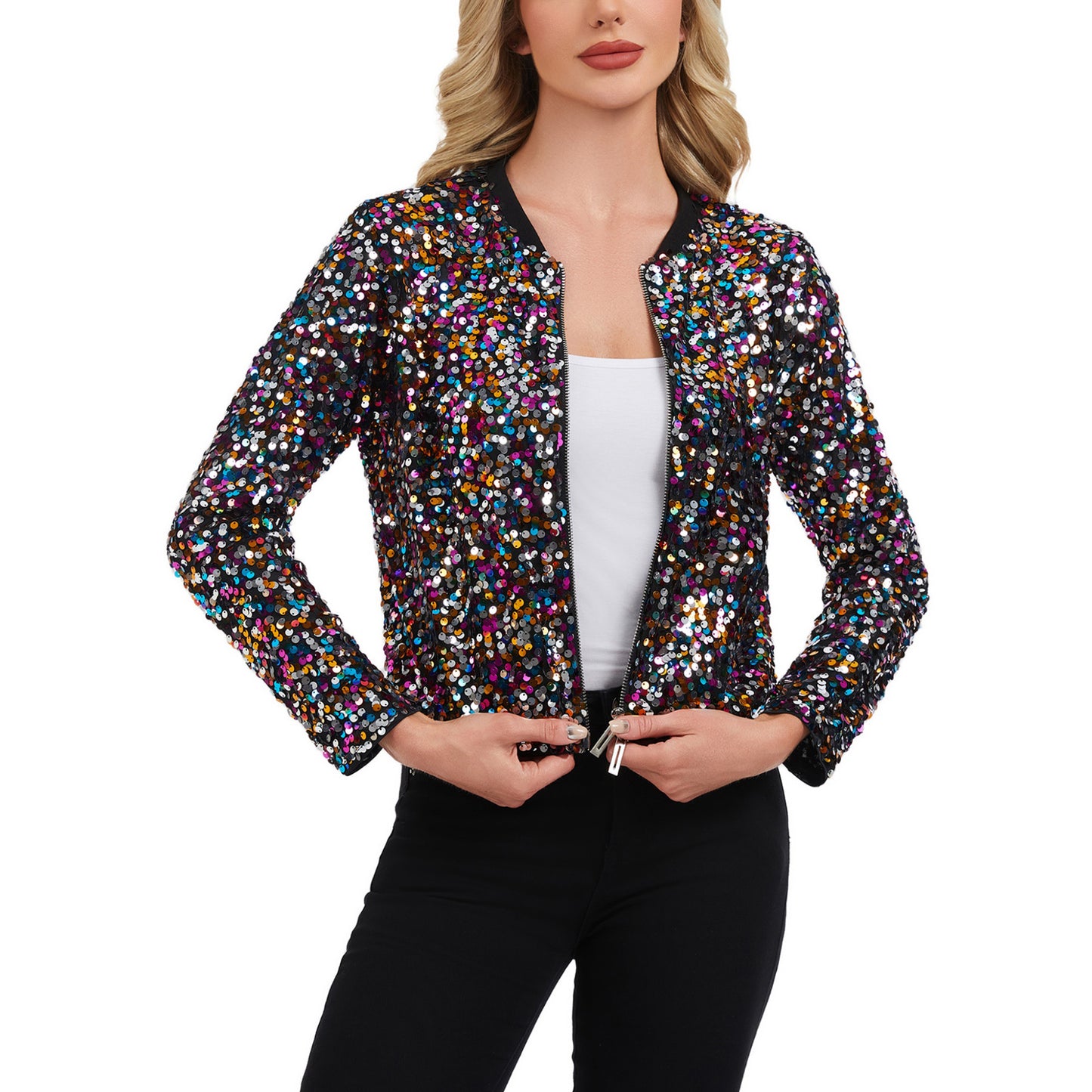 Sequin Bomber Jacket with Zipper Front and Ribbed Trim