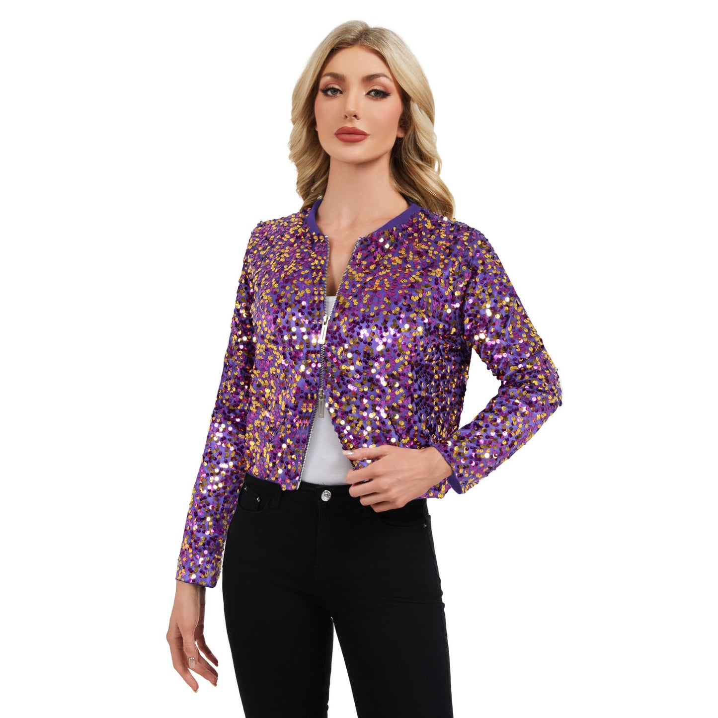 Sequin Bomber Jacket with Zipper Front and Ribbed Trim
