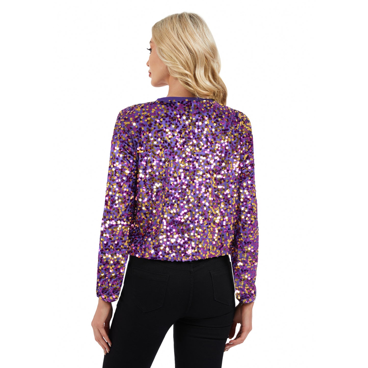 Sequin Bomber Jacket with Zipper Front and Ribbed Trim