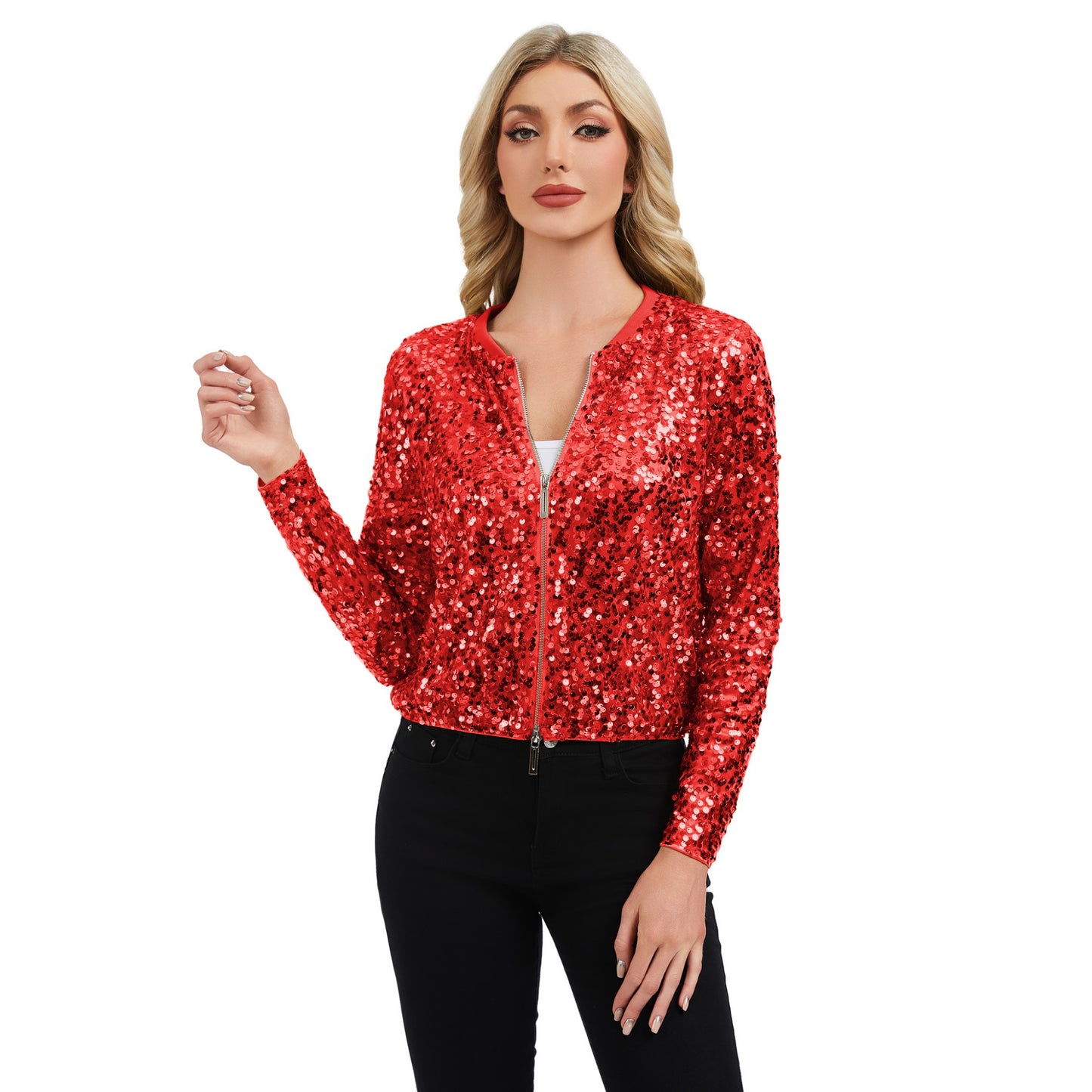 Sequin Bomber Jacket with Zipper Front and Ribbed Trim