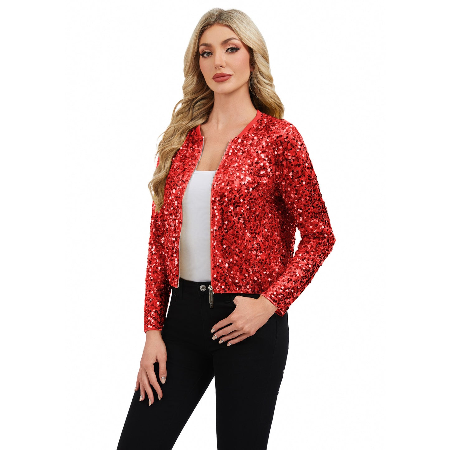 Sequin Bomber Jacket with Zipper Front and Ribbed Trim