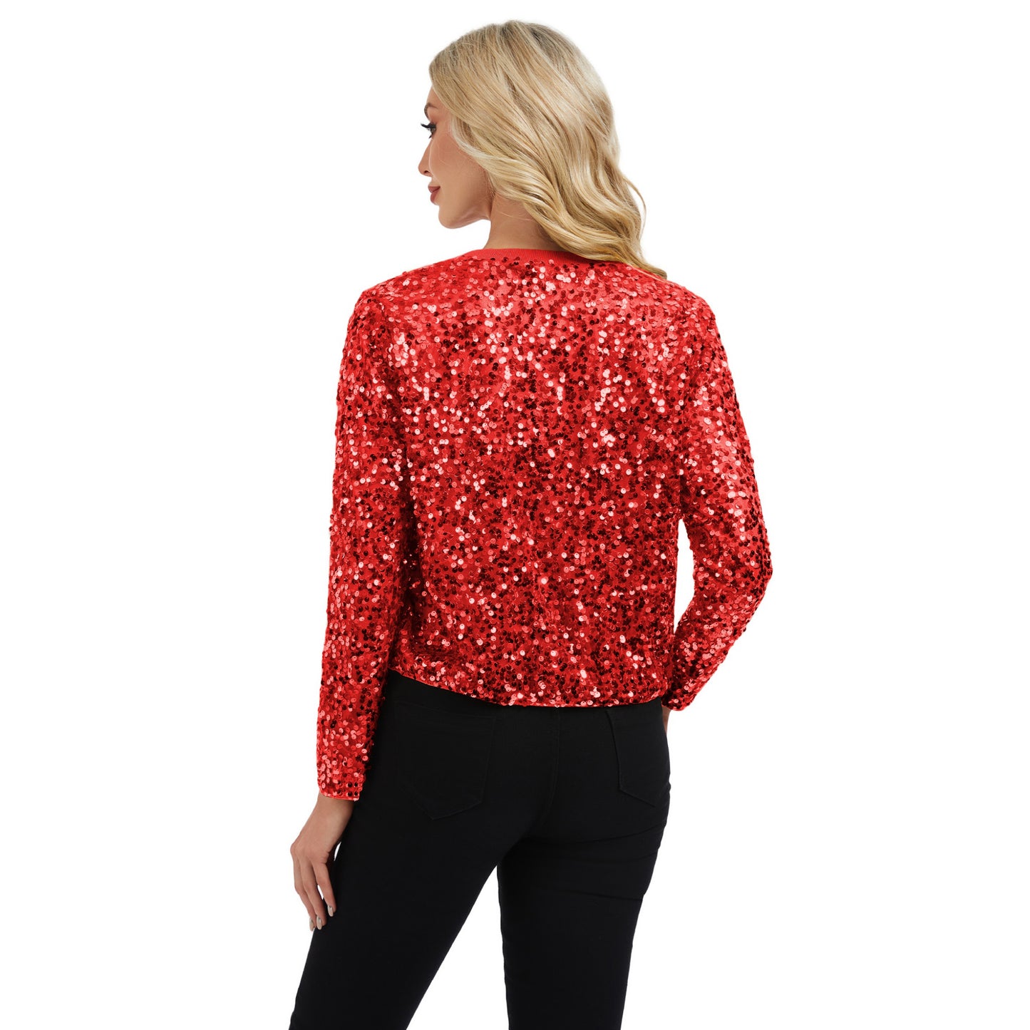 Sequin Bomber Jacket with Zipper Front and Ribbed Trim