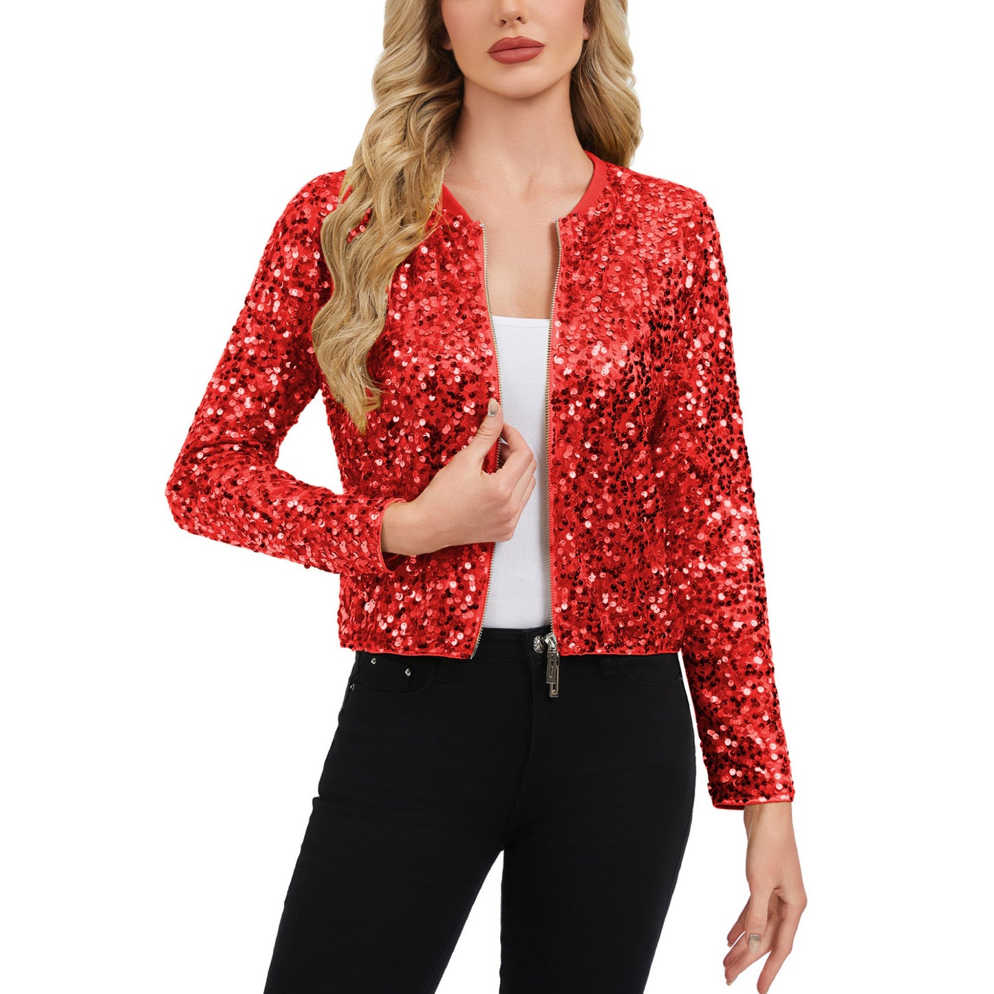 Sequin Bomber Jacket with Zipper Front and Ribbed Trim
