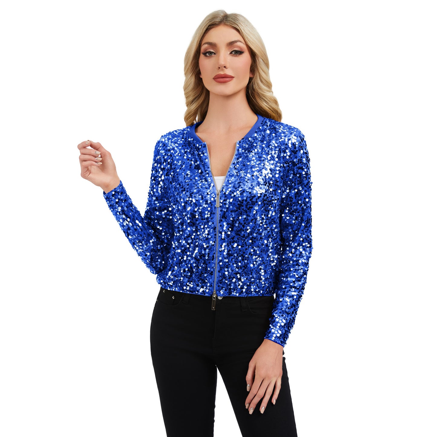 Sequin Bomber Jacket with Zipper Front and Ribbed Trim