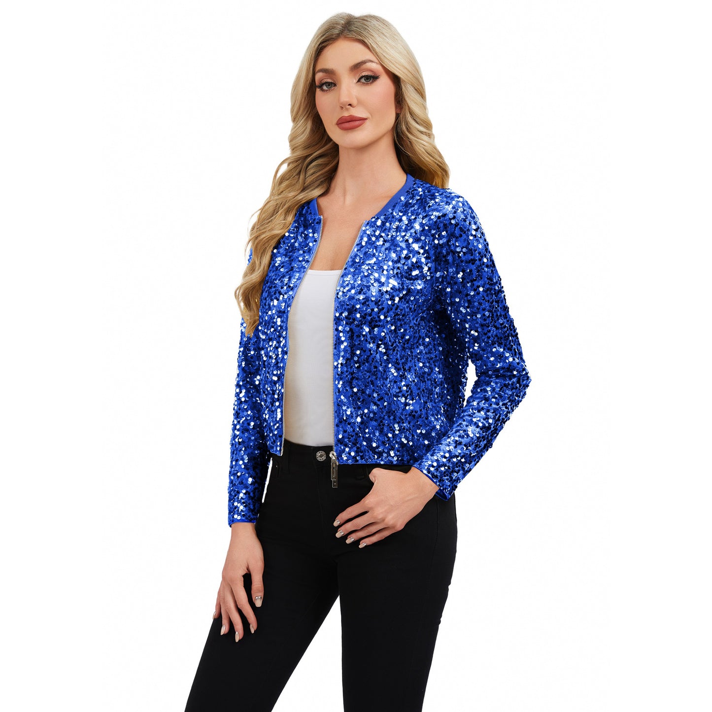 Sequin Bomber Jacket with Zipper Front and Ribbed Trim