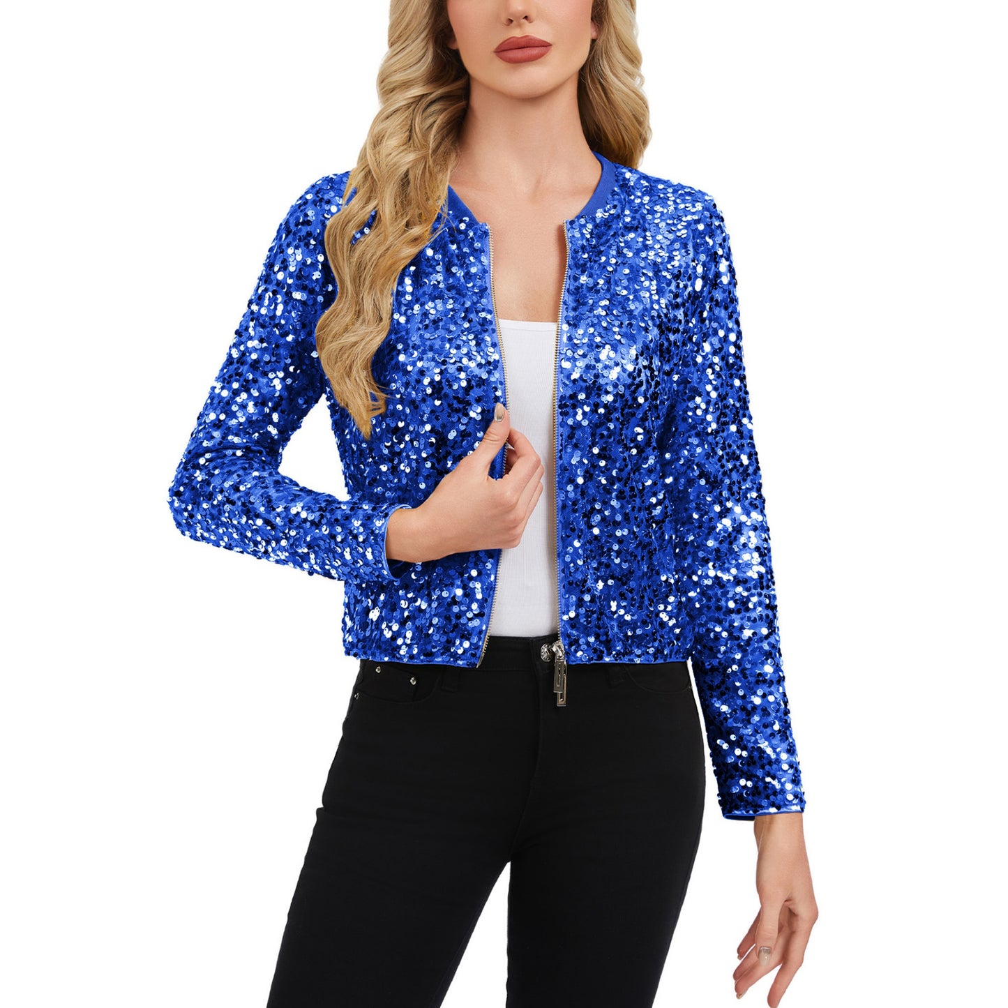 Sequin Bomber Jacket with Zipper Front and Ribbed Trim
