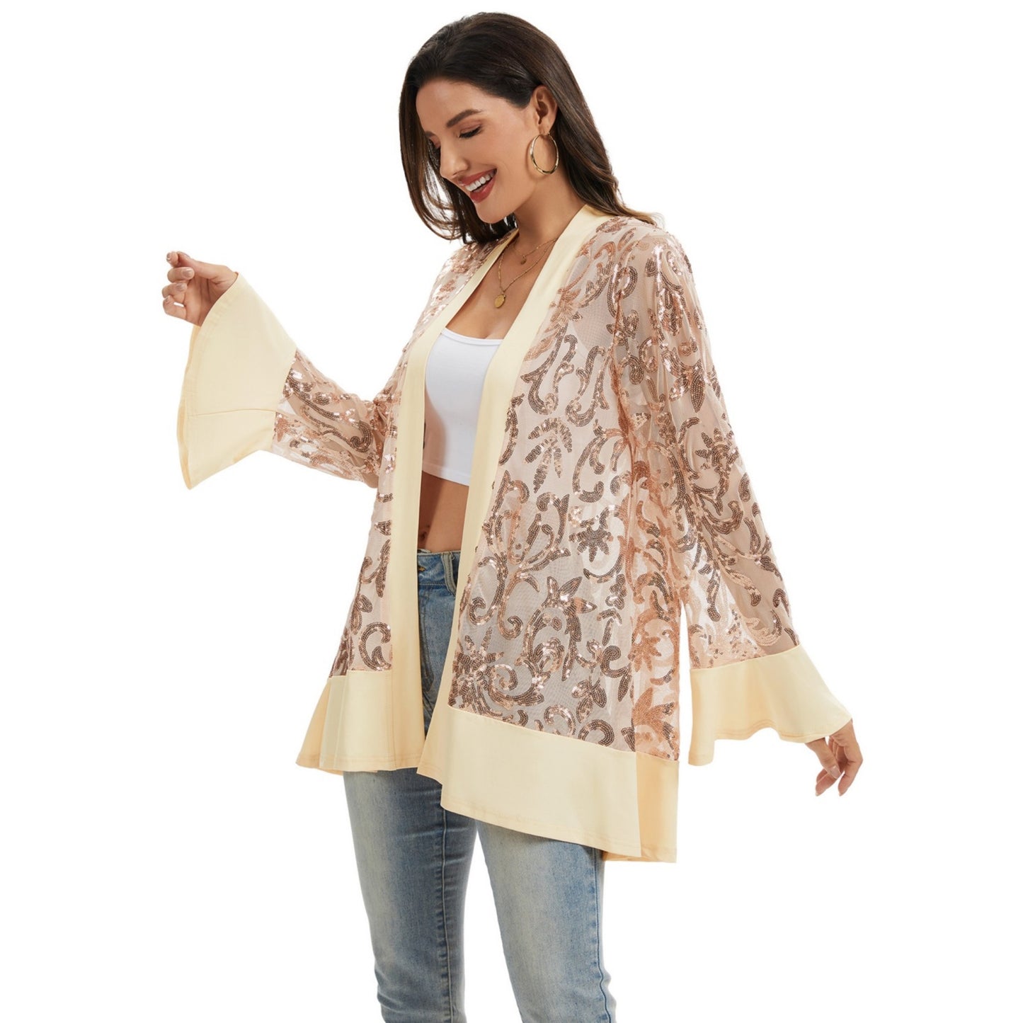 Sequin Mesh Cardigan with Sheer Embellished Sleeves and Flowing Open Front Design for Layering Style