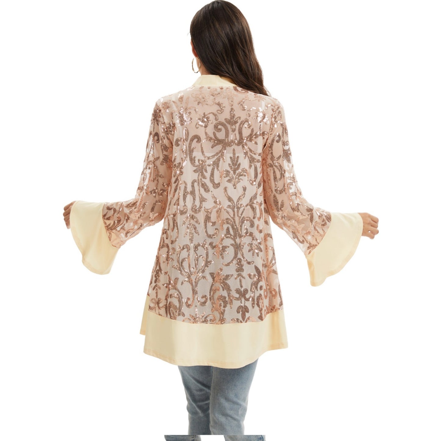 Sequin Mesh Cardigan with Sheer Embellished Sleeves and Flowing Open Front Design for Layering Style