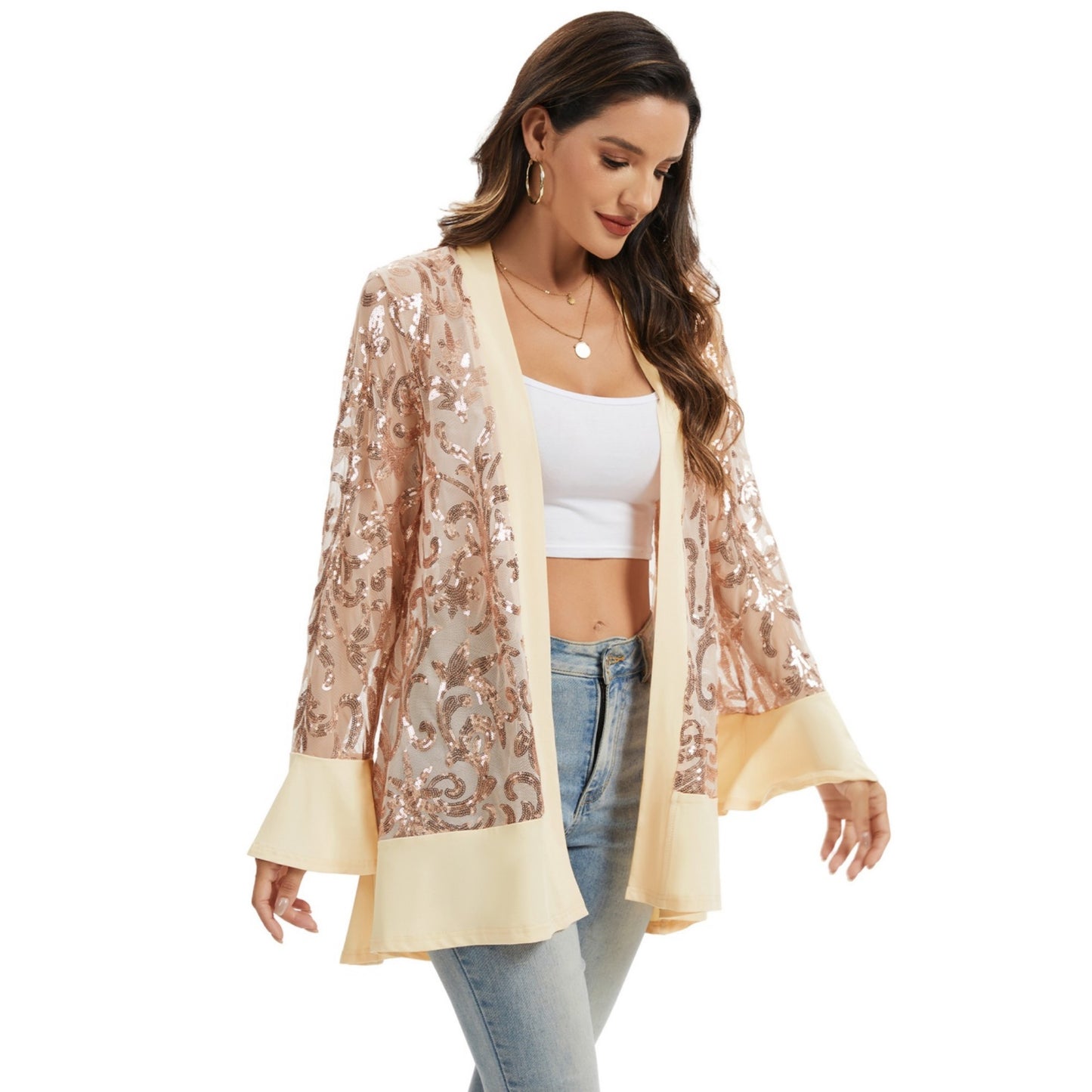 Sequin Mesh Cardigan with Sheer Embellished Sleeves and Flowing Open Front Design for Layering Style