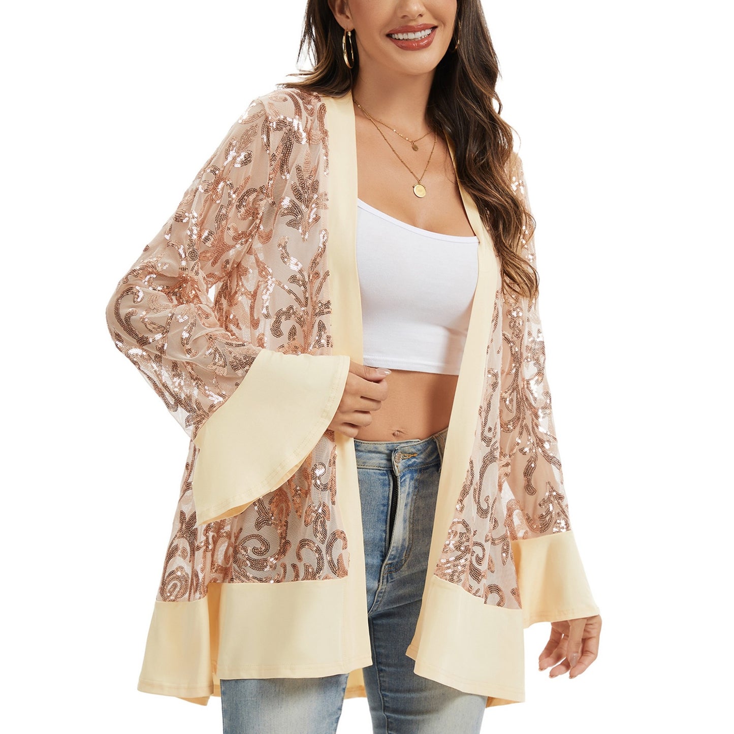 Sequin Mesh Cardigan with Sheer Embellished Sleeves and Flowing Open Front Design for Layering Style