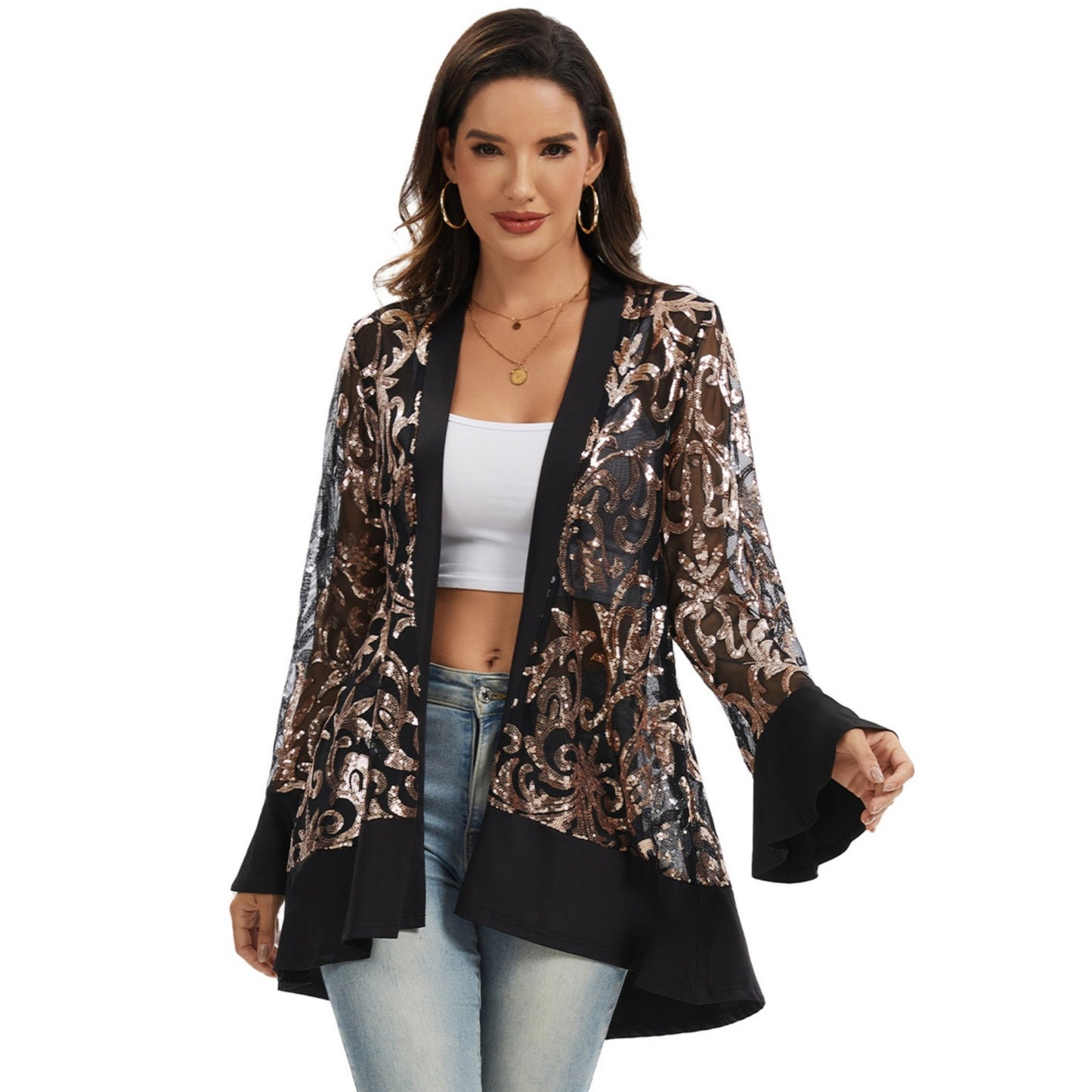 Sequin Mesh Cardigan with Sheer Embellished Sleeves and Flowing Open Front Design for Layering Style