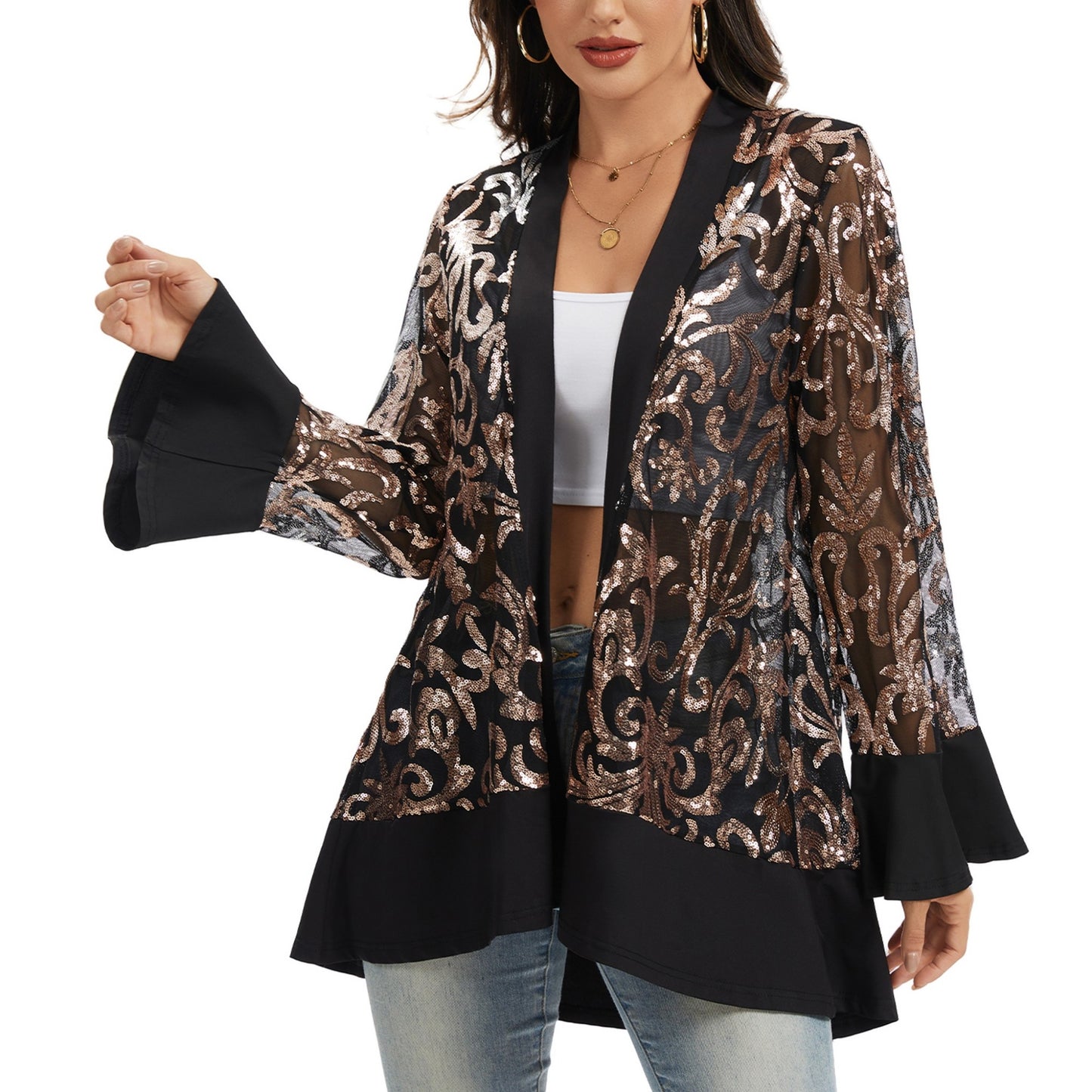 Sequin Mesh Cardigan with Sheer Embellished Sleeves and Flowing Open Front Design for Layering Style