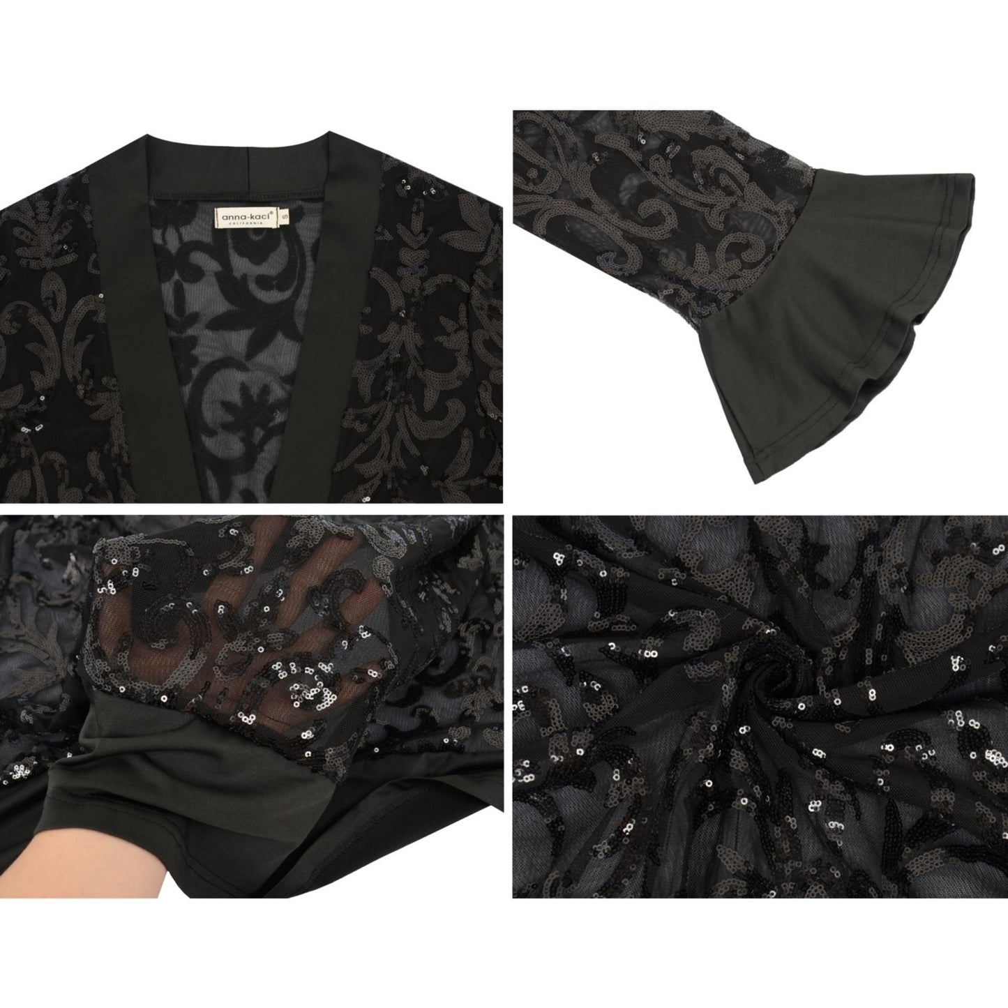 Sequin Mesh Cardigan with Sheer Embellished Sleeves and Flowing Open Front Design for Layering Style