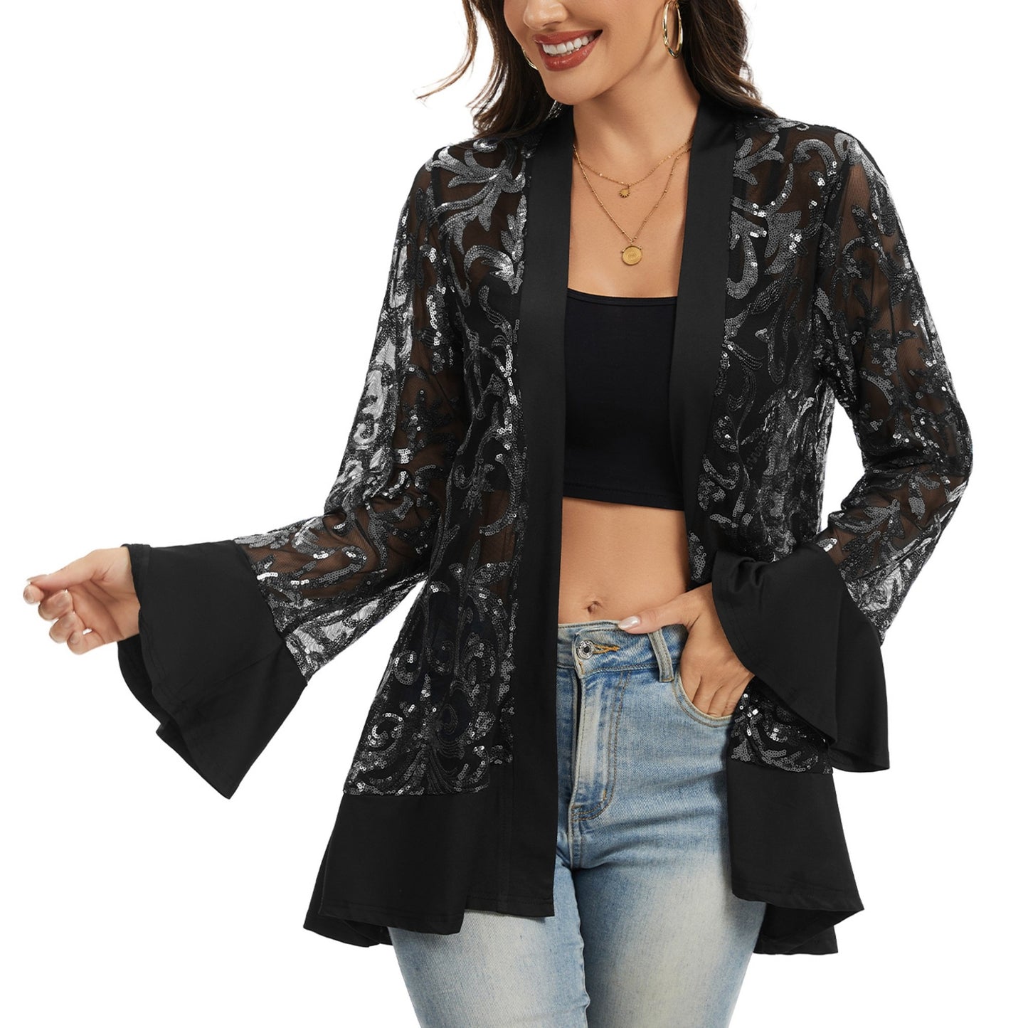 Sequin Mesh Cardigan with Sheer Embellished Sleeves and Flowing Open Front Design for Layering Style
