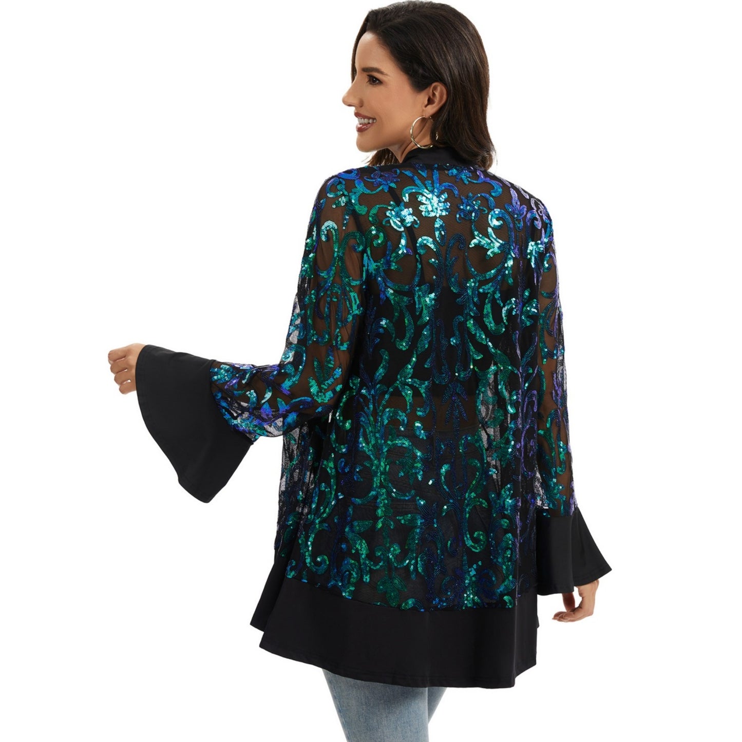 Sequin Mesh Cardigan with Sheer Embellished Sleeves and Flowing Open Front Design for Layering Style