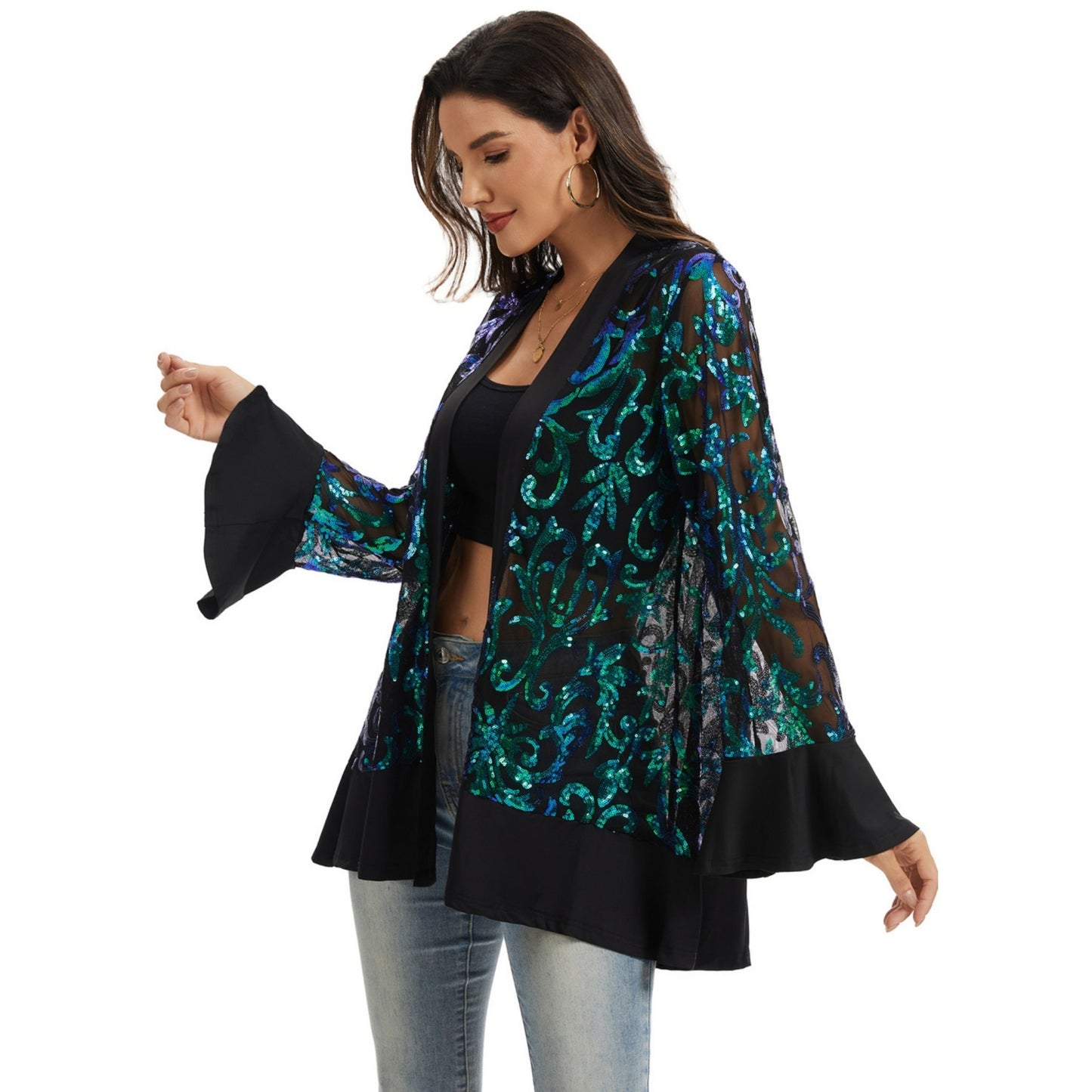 Sequin Mesh Cardigan with Sheer Embellished Sleeves and Flowing Open Front Design for Layering Style