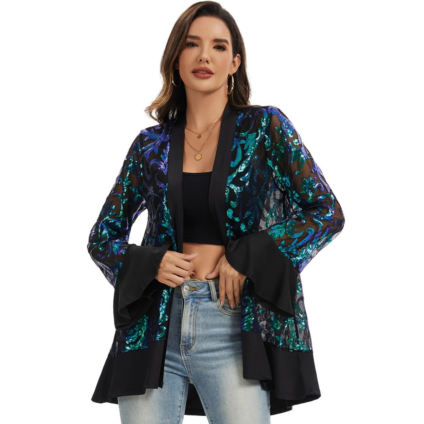Sequin Mesh Cardigan with Sheer Embellished Sleeves and Flowing Open Front Design for Layering Style