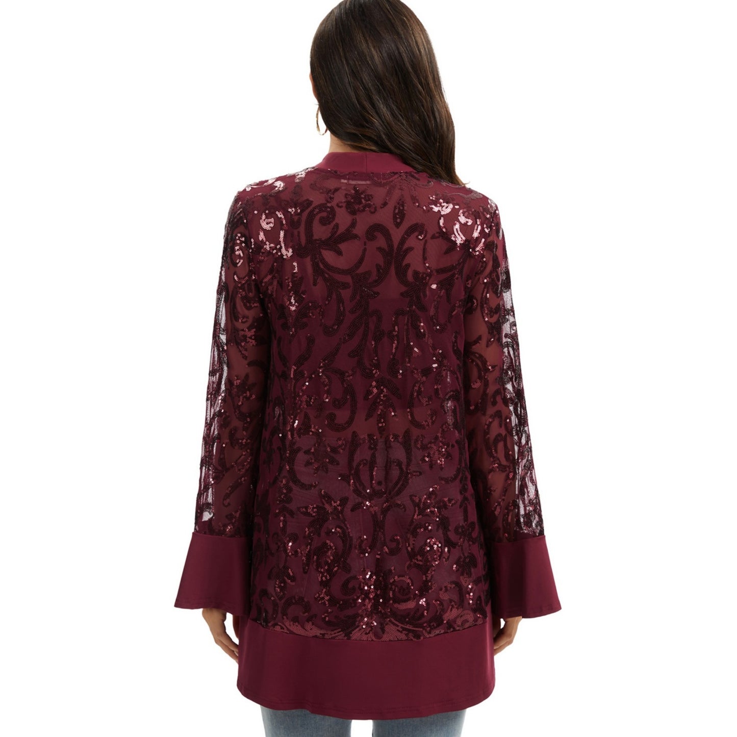 Sequin Mesh Cardigan with Sheer Embellished Sleeves and Flowing Open Front Design for Layering Style