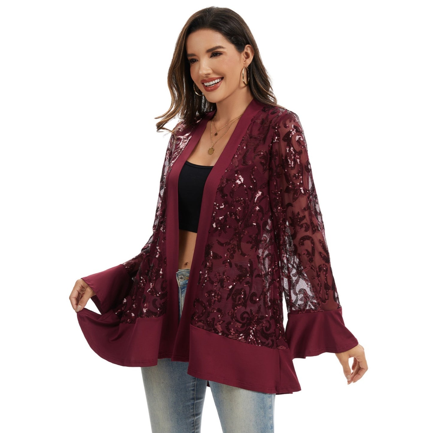 Sequin Mesh Cardigan with Sheer Embellished Sleeves and Flowing Open Front Design for Layering Style