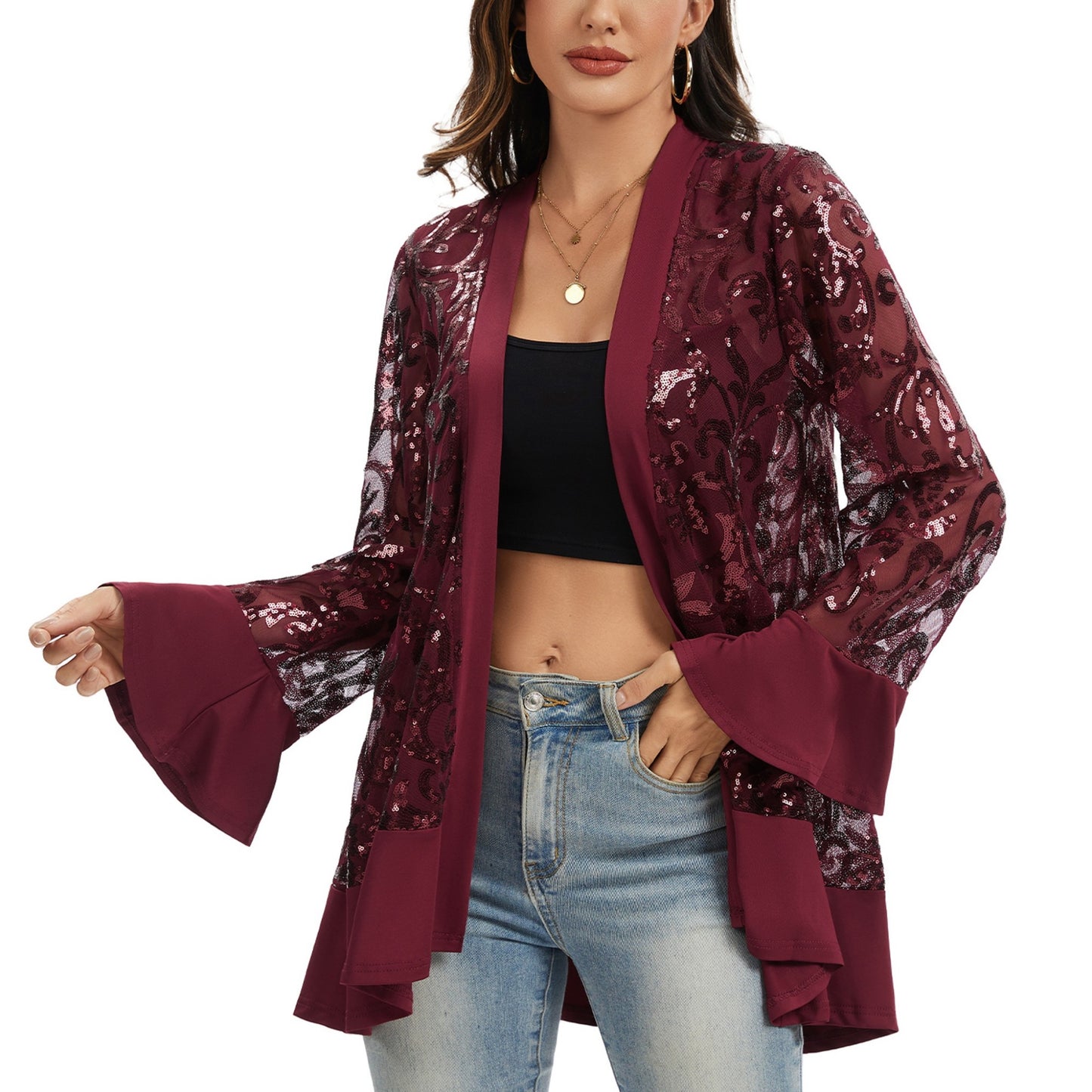 Sequin Mesh Cardigan with Sheer Embellished Sleeves and Flowing Open Front Design for Layering Style