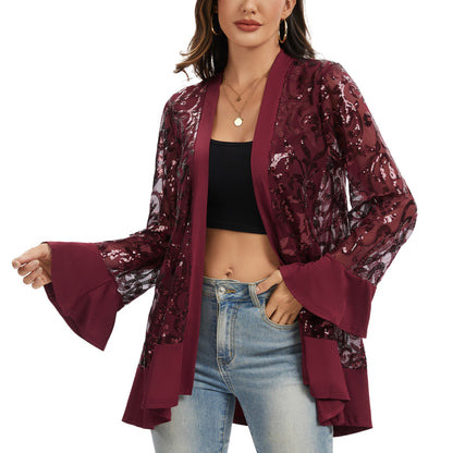 Sequin Mesh Cardigan with Sheer Embellished Sleeves and Flowing Open Front Design for Layering Style