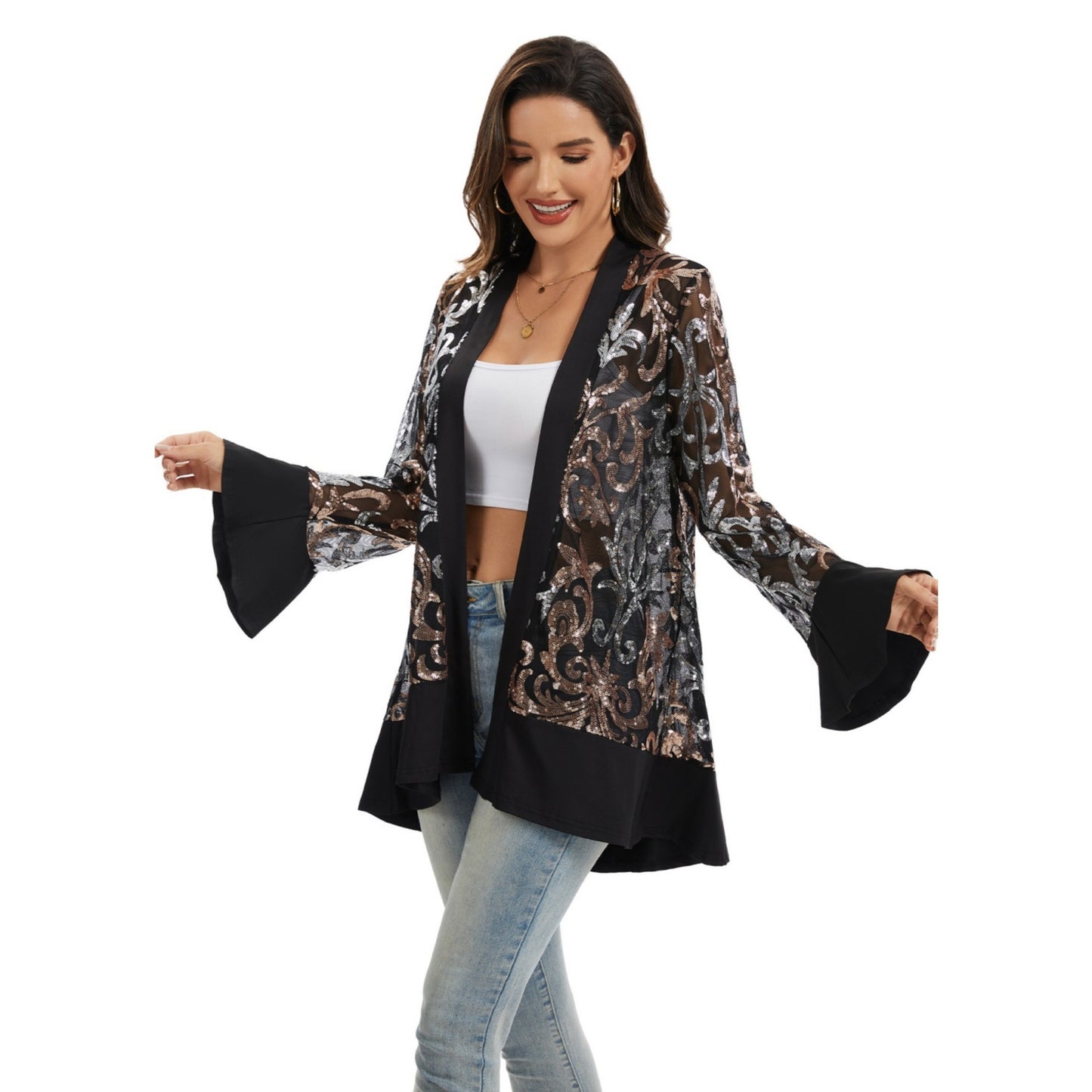 Sequin Mesh Cardigan with Sheer Embellished Sleeves and Flowing Open Front Design for Layering Style