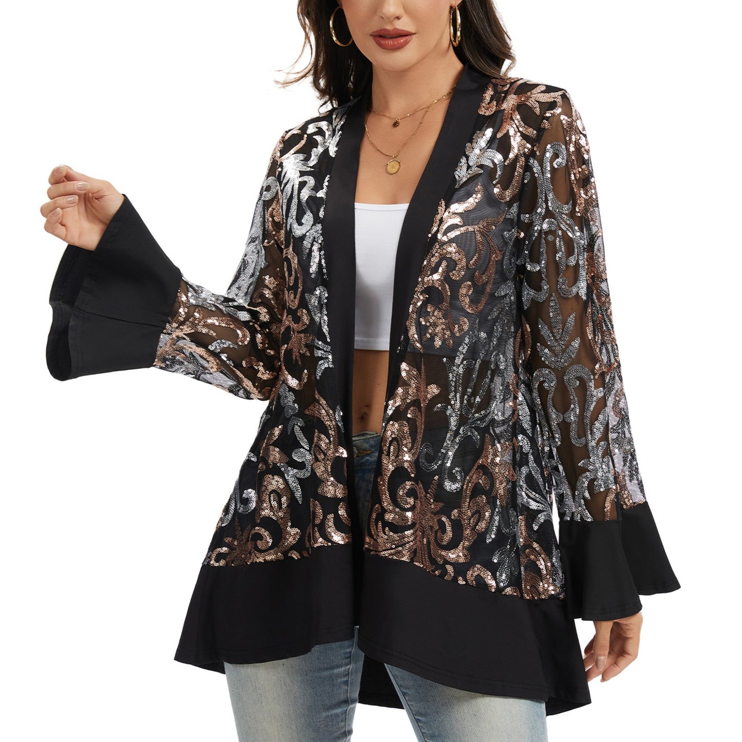 Sequin Mesh Cardigan with Sheer Embellished Sleeves and Flowing Open Front Design for Layering Style