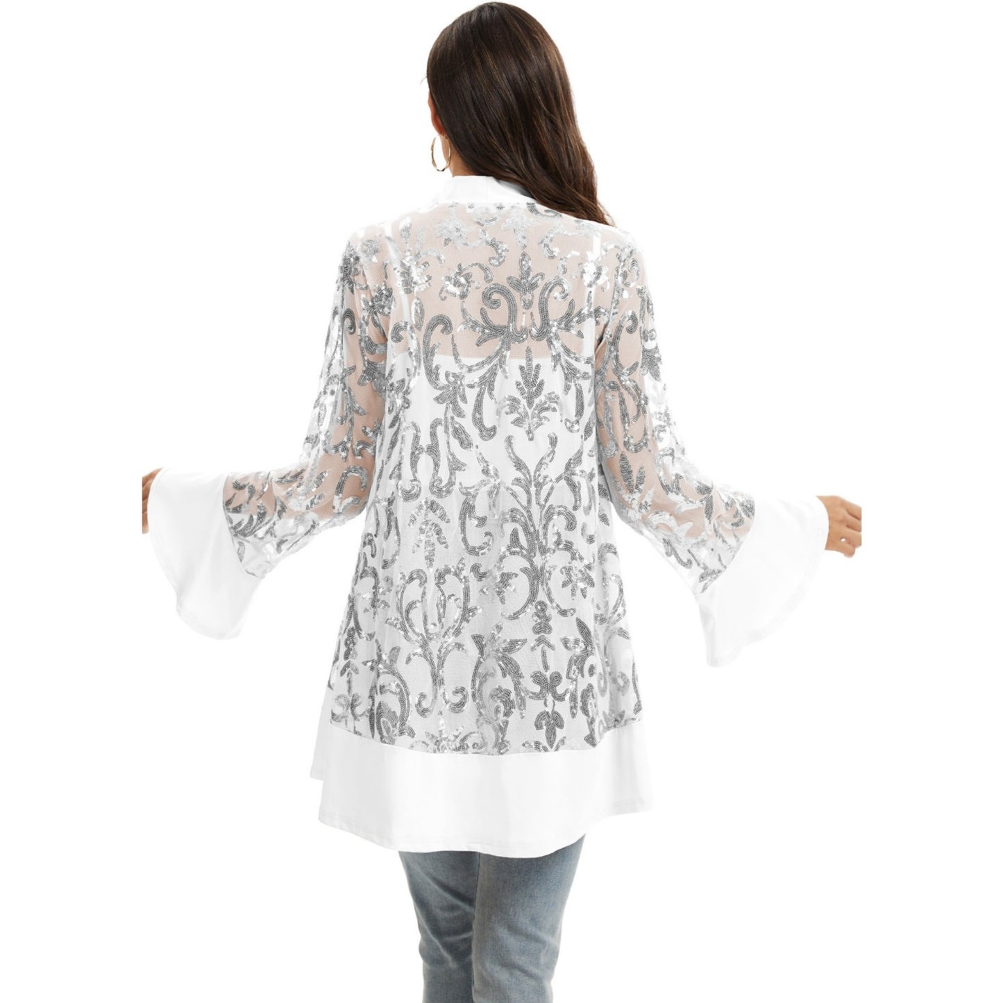 Sequin Mesh Cardigan with Sheer Embellished Sleeves and Flowing Open Front Design for Layering Style