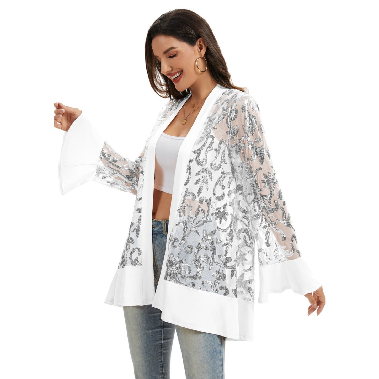 Sequin Mesh Cardigan with Sheer Embellished Sleeves and Flowing Open Front Design for Layering Style