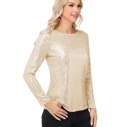 Long Sleeve Sequin Top with Crew Neck and Fitted Silhouette