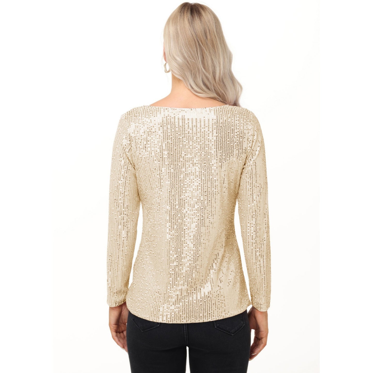 Long Sleeve Sequin Top with Crew Neck and Fitted Silhouette