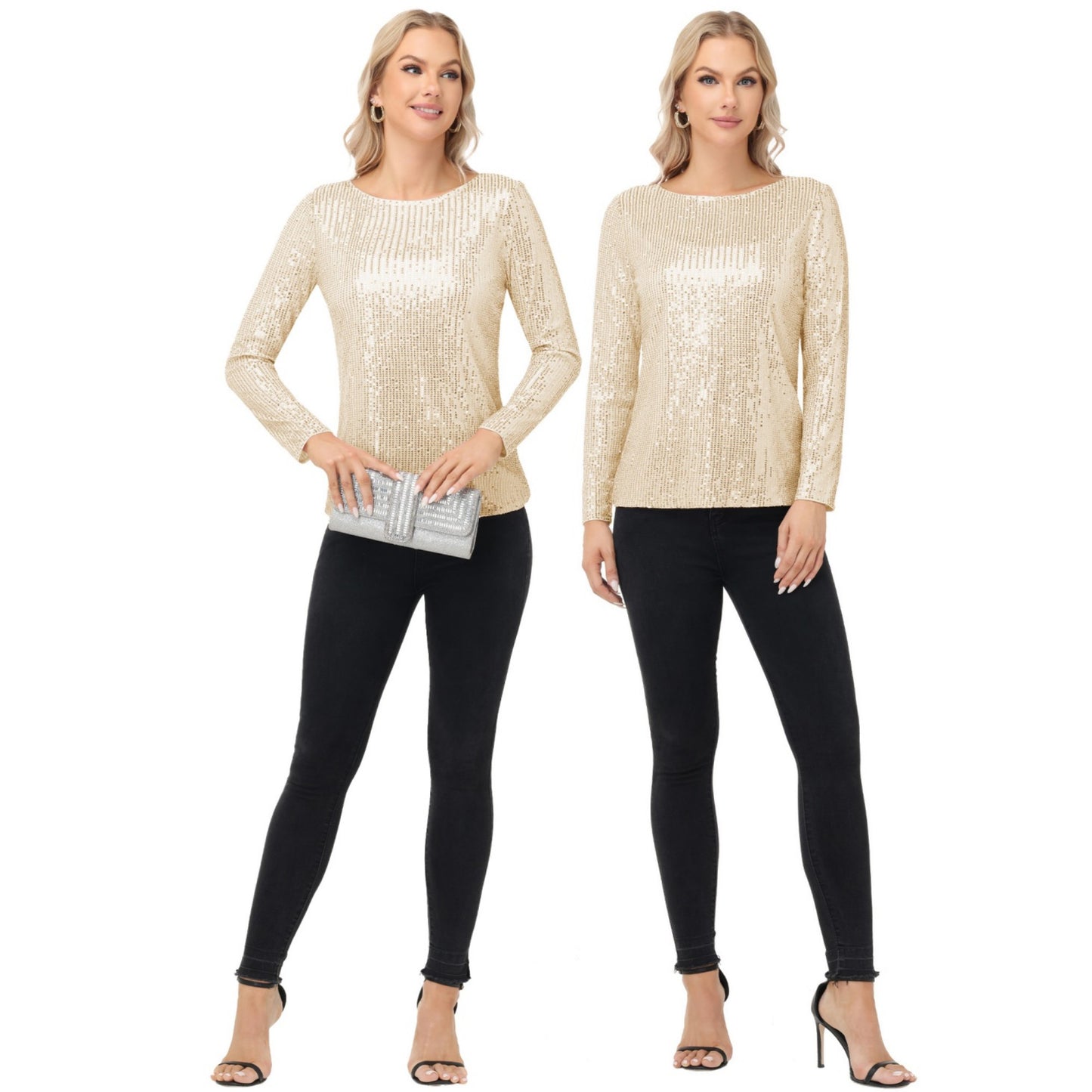 Long Sleeve Sequin Top with Crew Neck and Fitted Silhouette