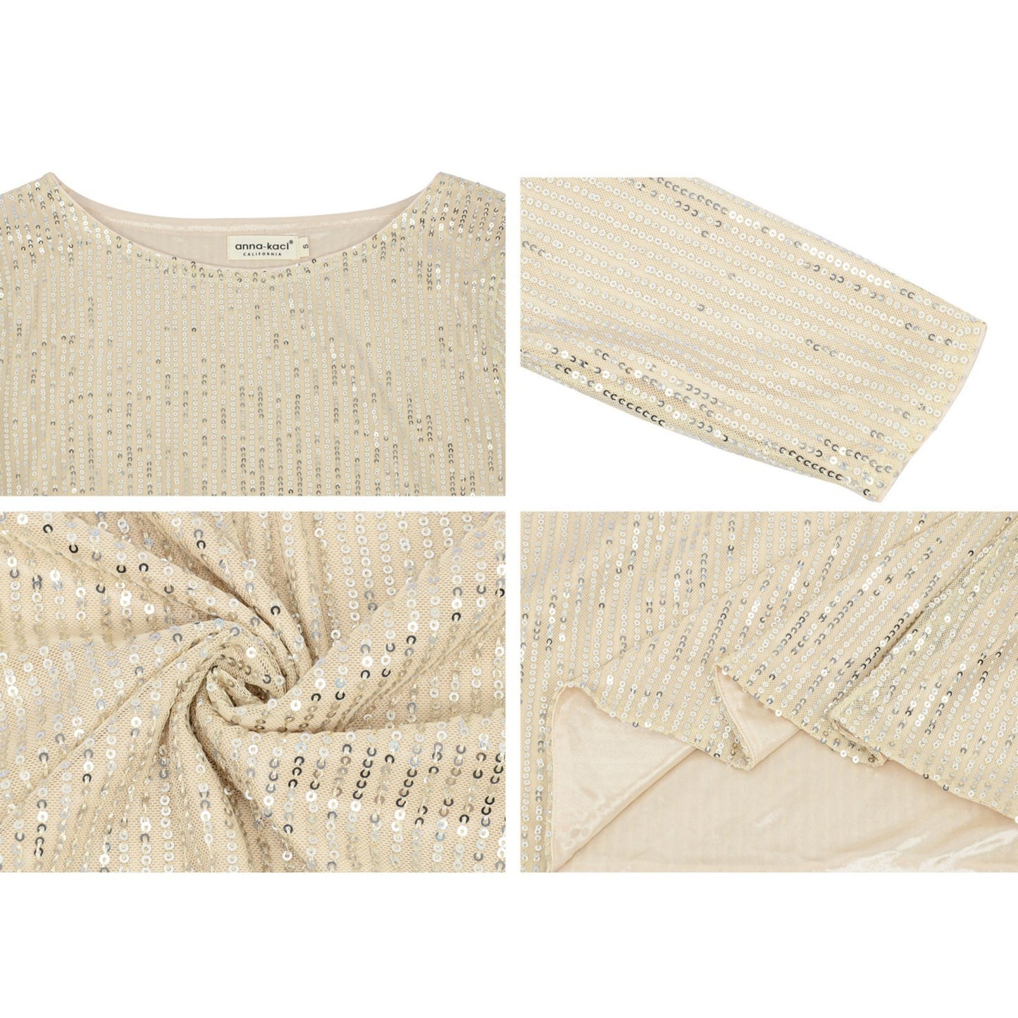 Long Sleeve Sequin Top with Crew Neck and Fitted Silhouette