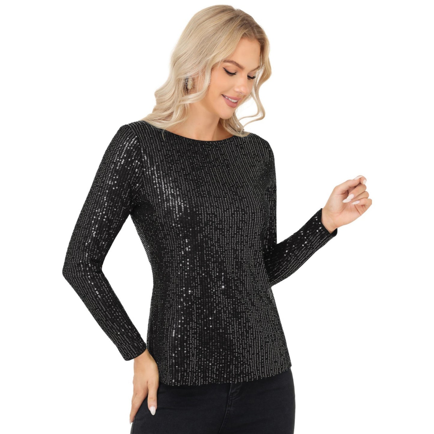 Long Sleeve Sequin Top with Crew Neck and Fitted Silhouette