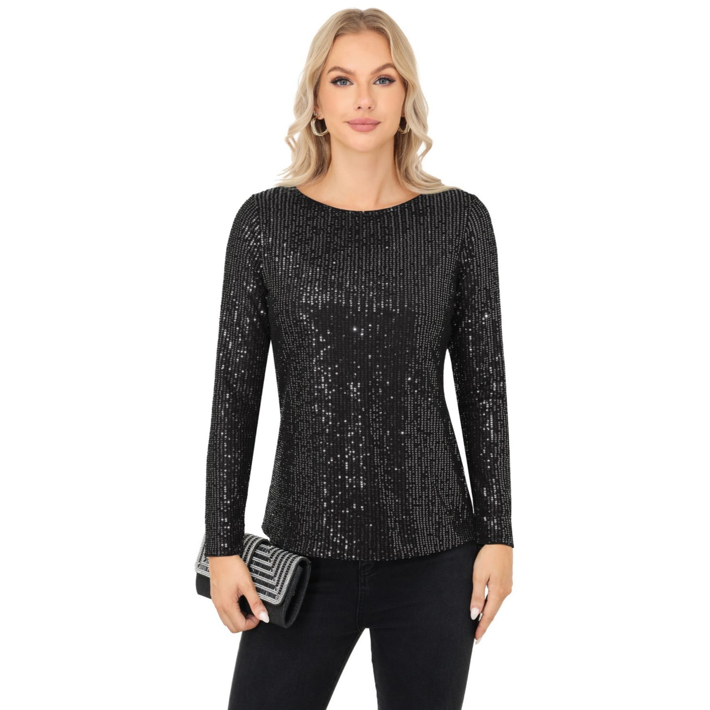 Long Sleeve Sequin Top with Crew Neck and Fitted Silhouette