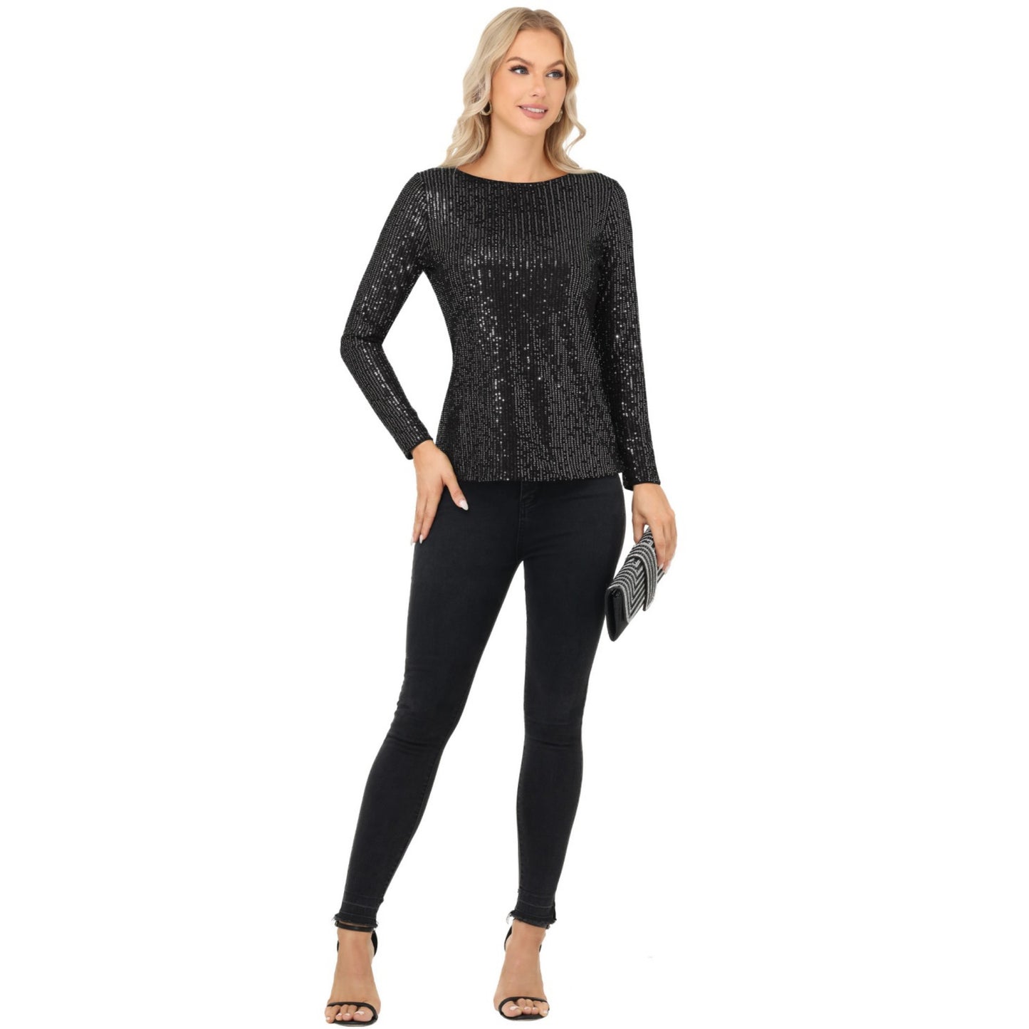 Long Sleeve Sequin Top with Crew Neck and Fitted Silhouette