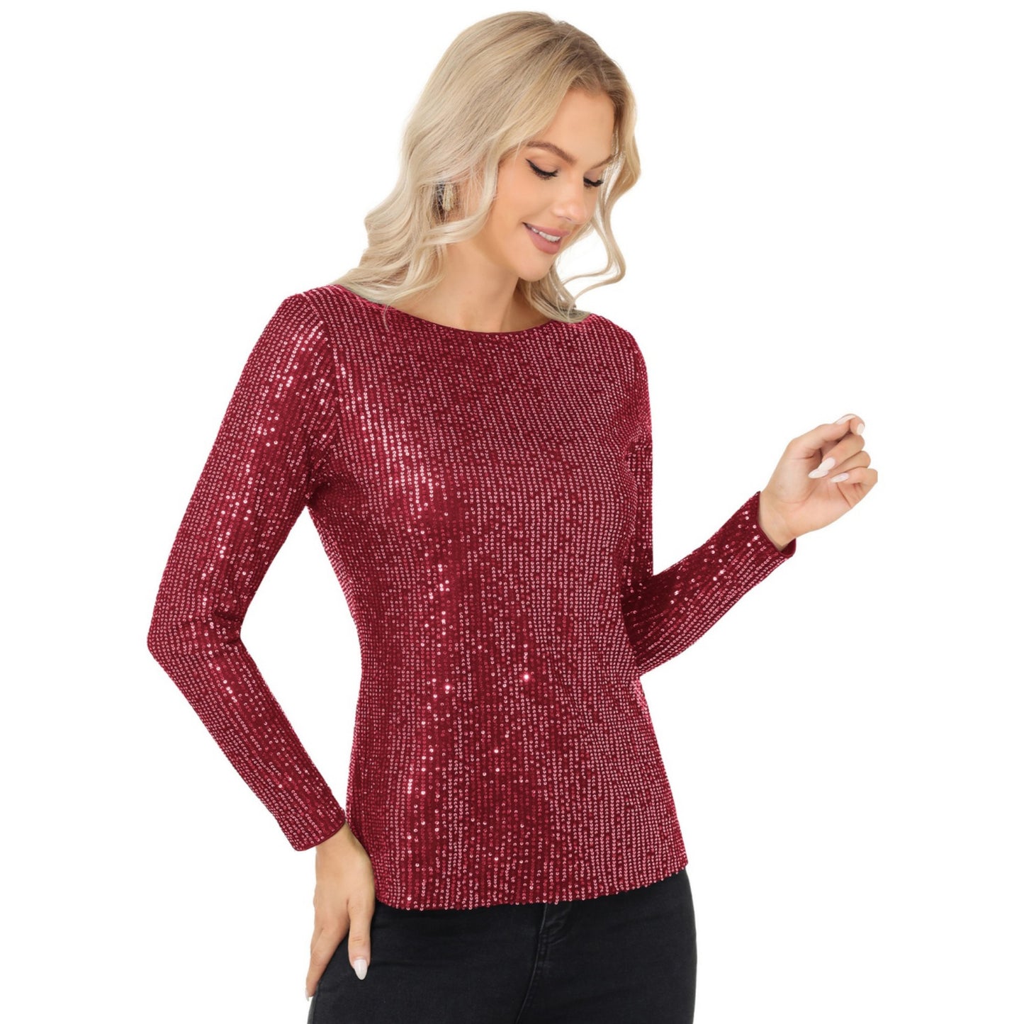 Long Sleeve Sequin Top with Crew Neck and Fitted Silhouette