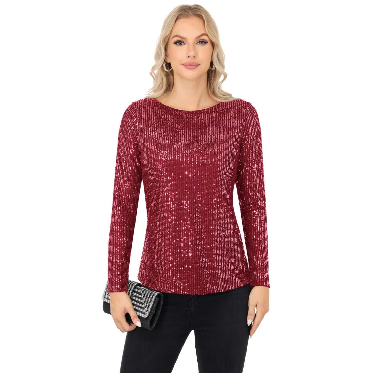 Long Sleeve Sequin Top with Crew Neck and Fitted Silhouette