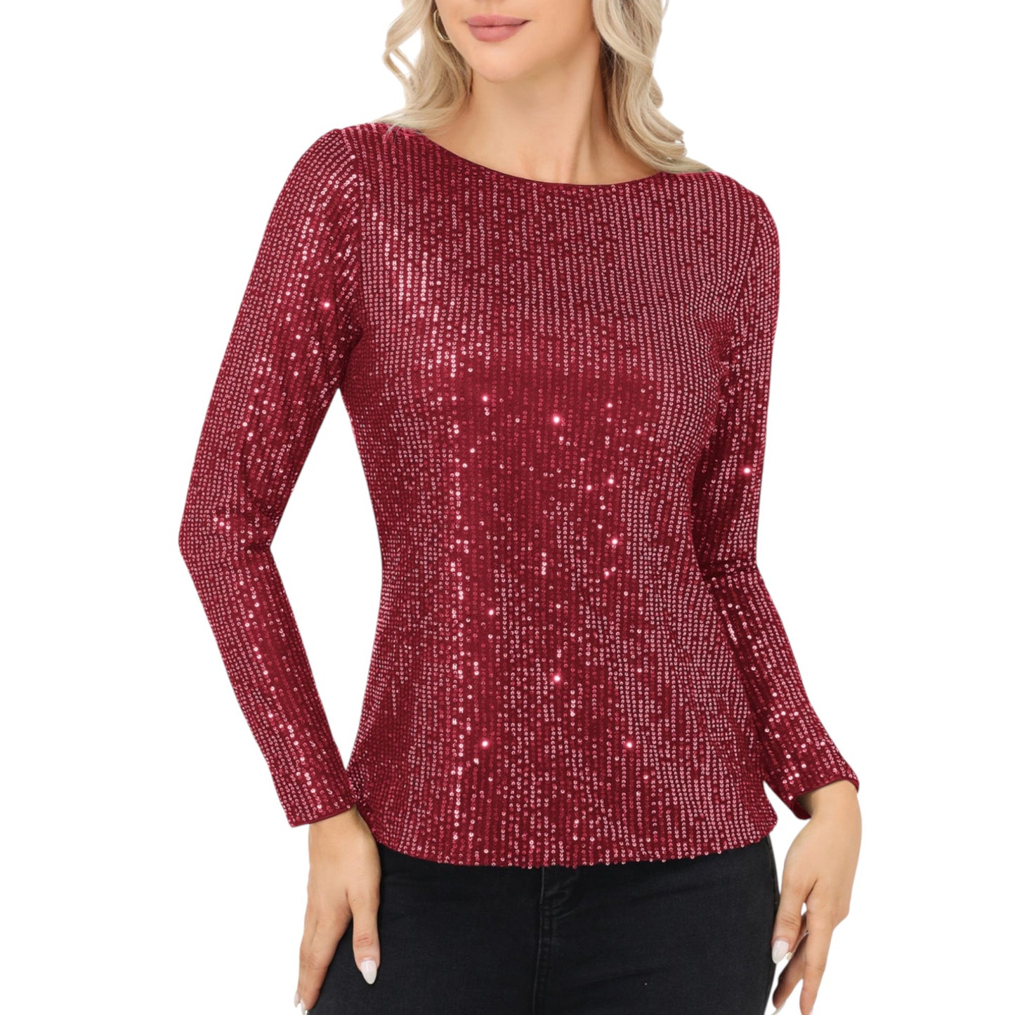 Long Sleeve Sequin Top with Crew Neck and Fitted Silhouette