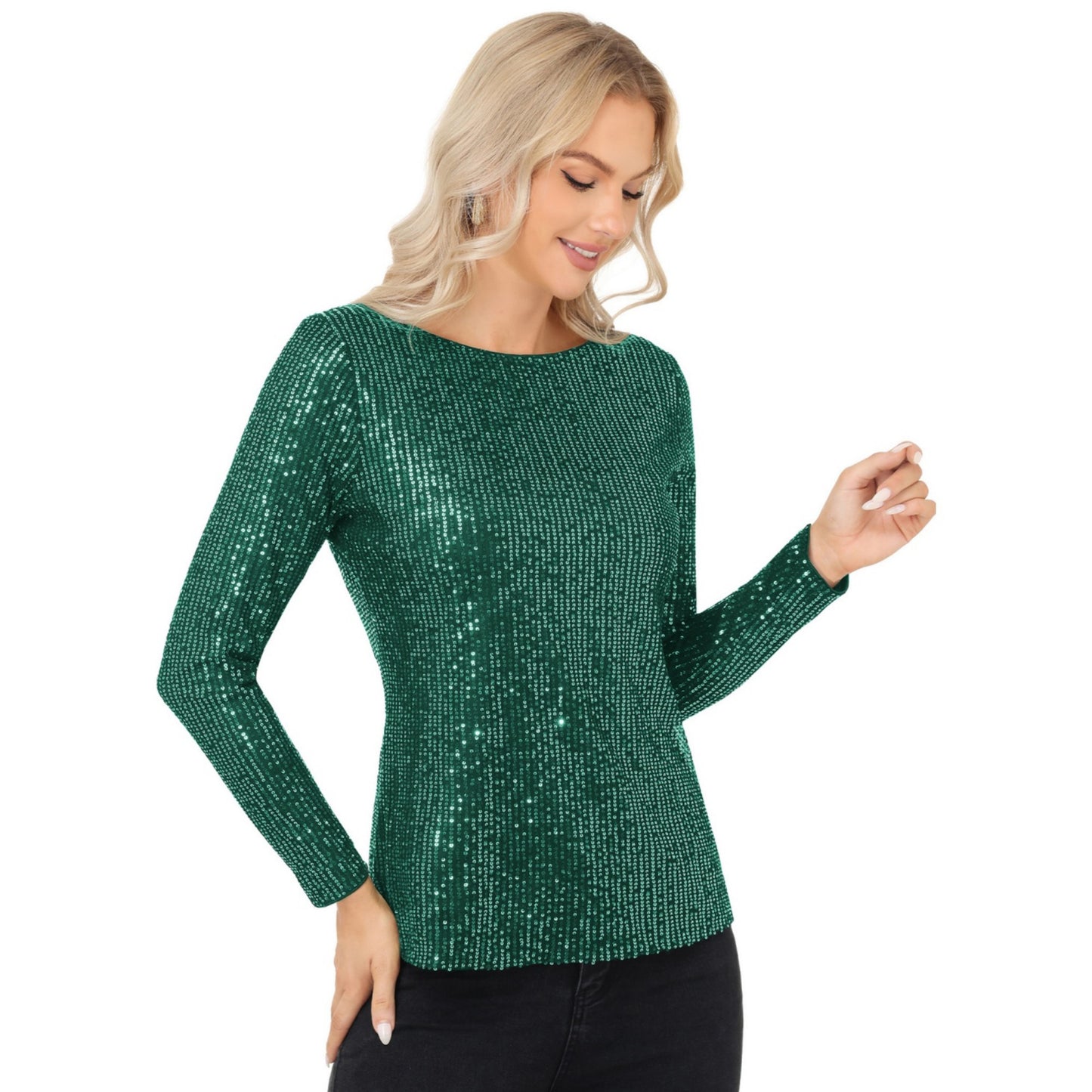Long Sleeve Sequin Top with Crew Neck and Fitted Silhouette