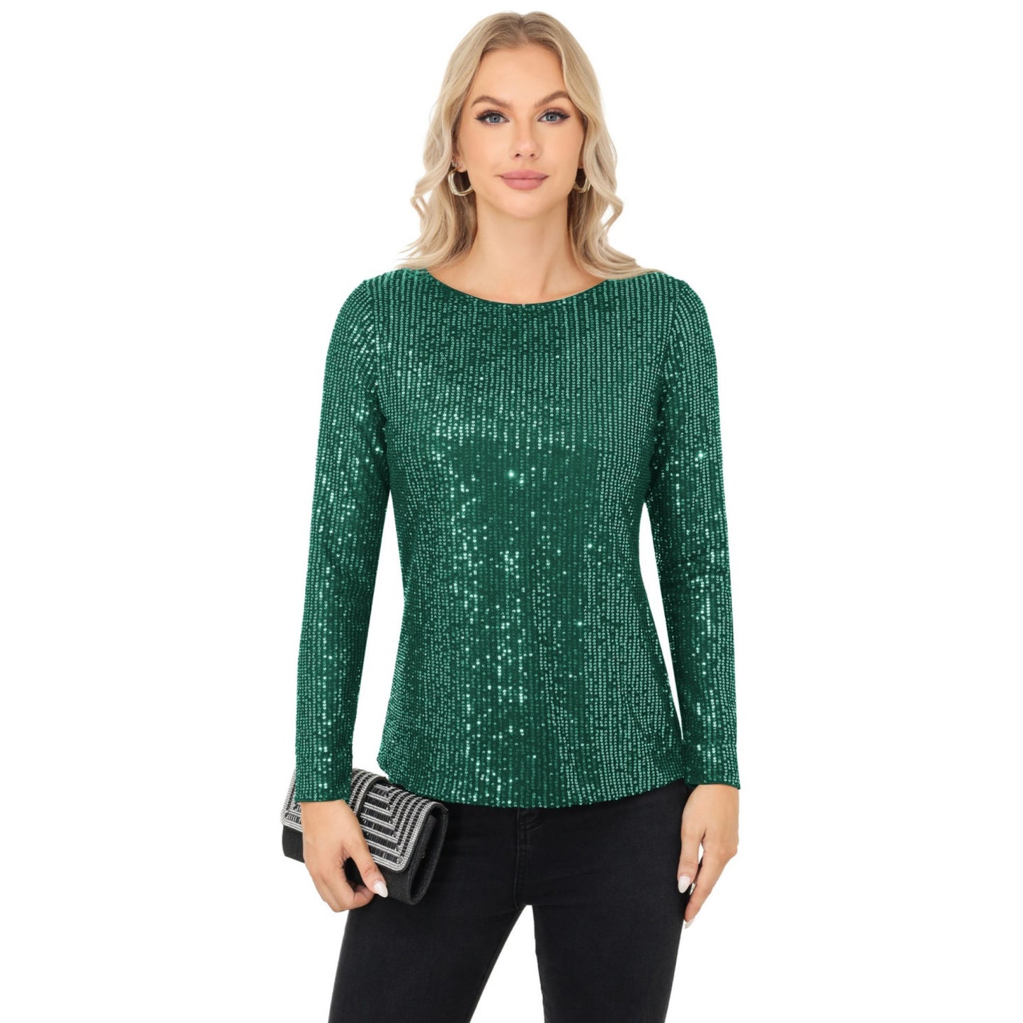 Long Sleeve Sequin Top with Crew Neck and Fitted Silhouette