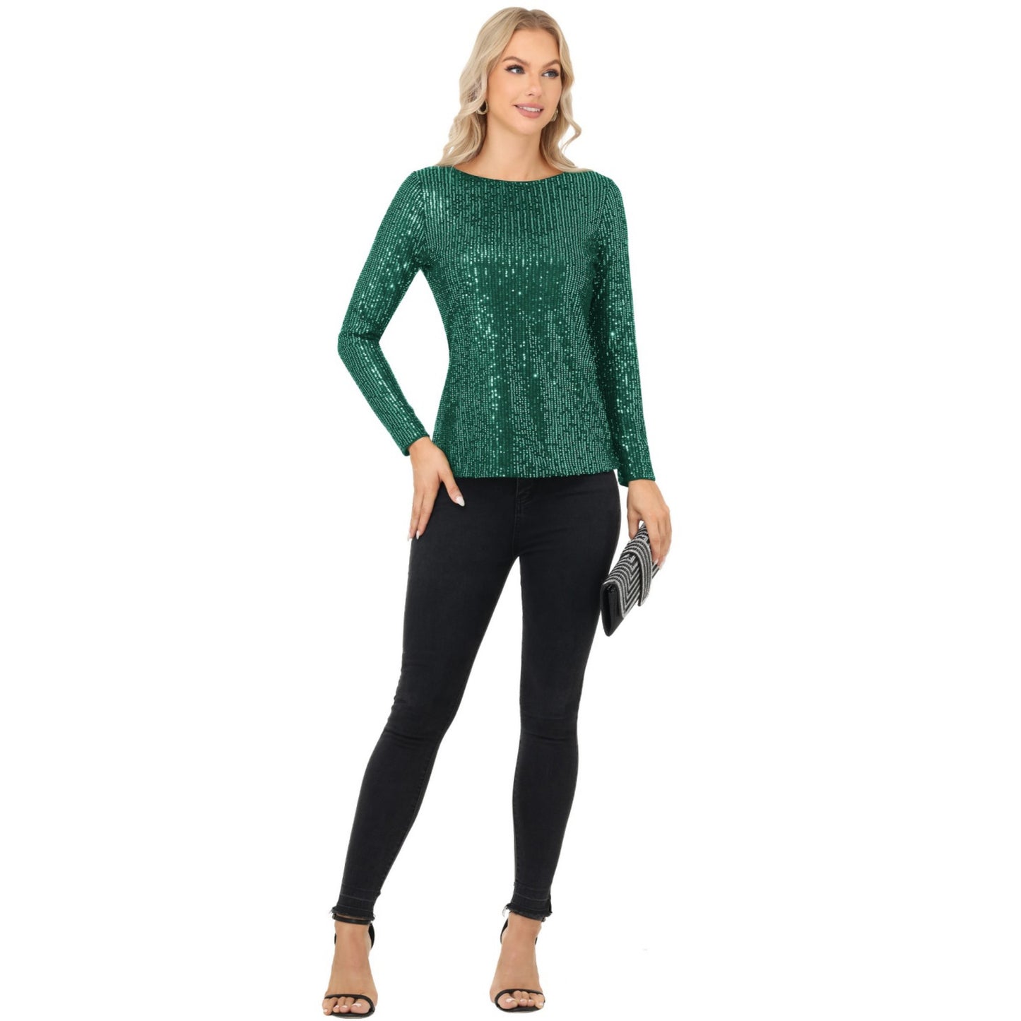 Long Sleeve Sequin Top with Crew Neck and Fitted Silhouette
