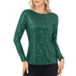 Long Sleeve Sequin Top with Crew Neck and Fitted Silhouette