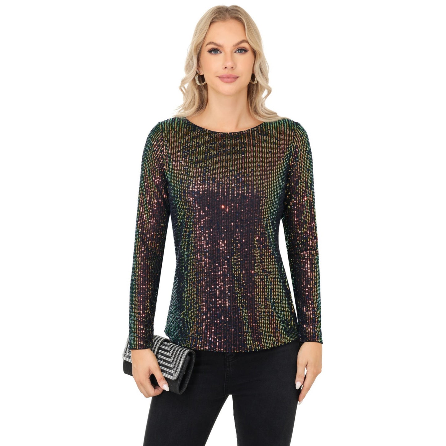 Long Sleeve Sequin Top with Crew Neck and Fitted Silhouette