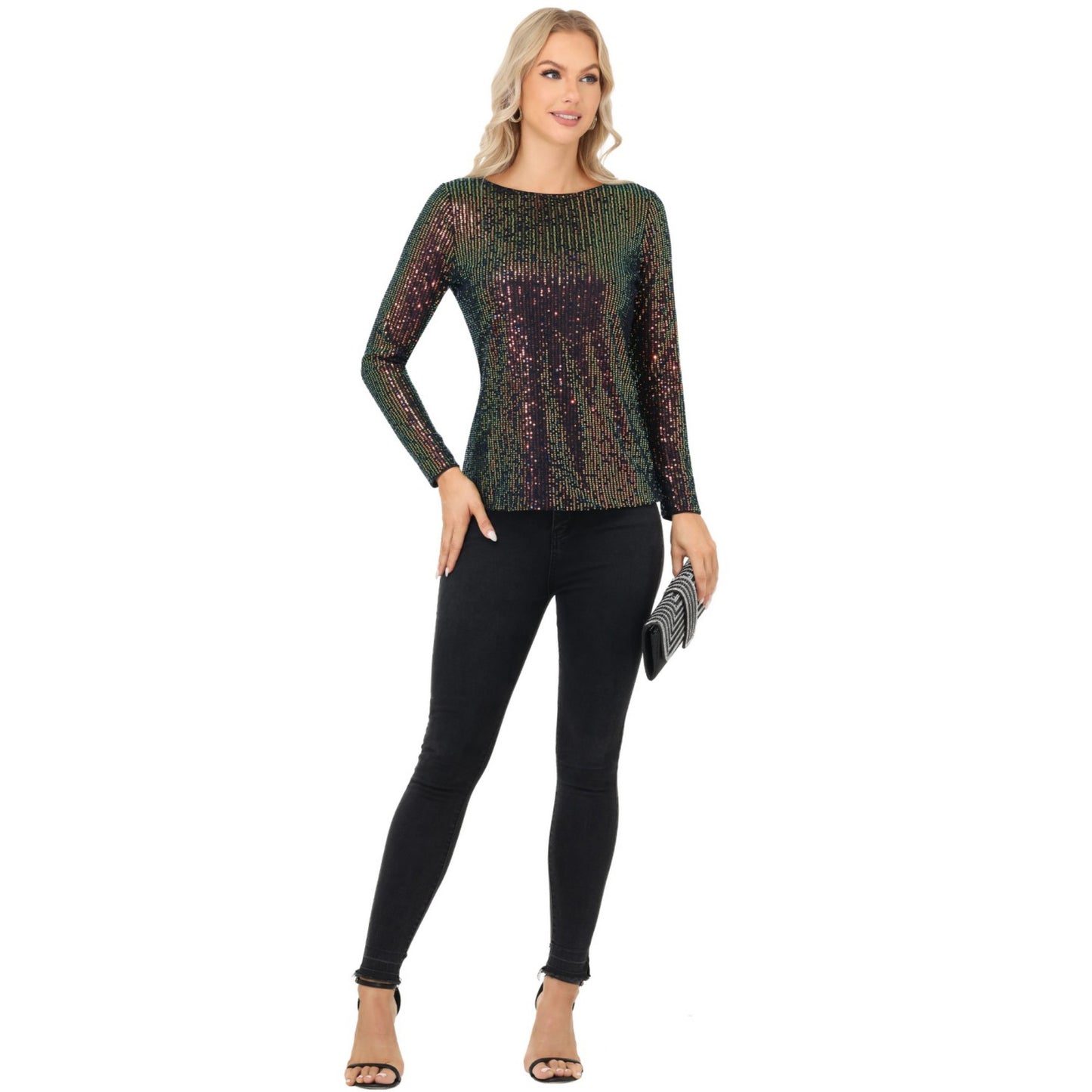 Long Sleeve Sequin Top with Crew Neck and Fitted Silhouette