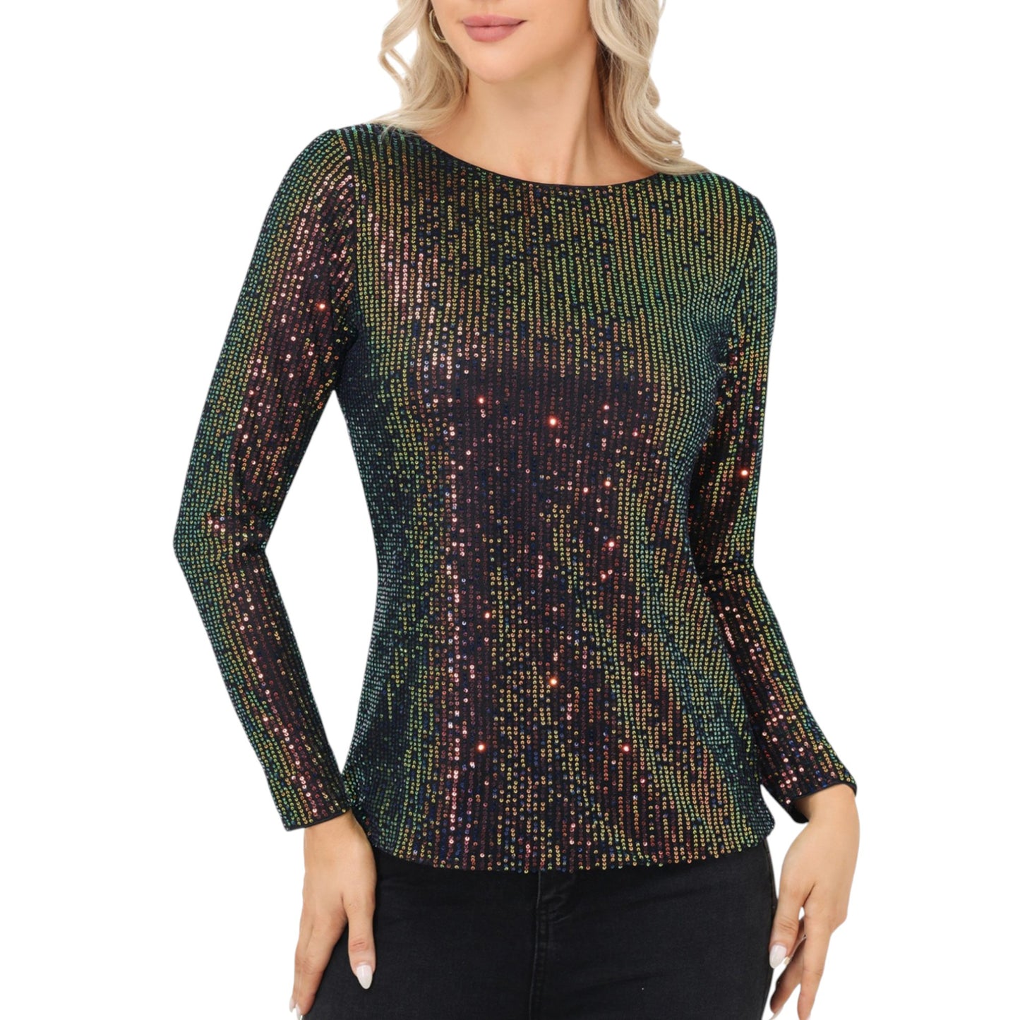 Long Sleeve Sequin Top with Crew Neck and Fitted Silhouette