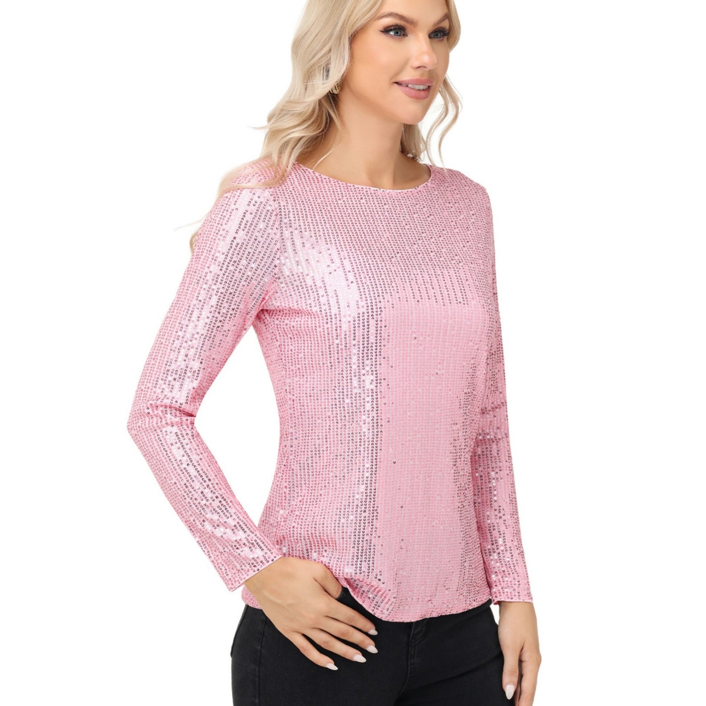 Long Sleeve Sequin Top with Crew Neck and Fitted Silhouette