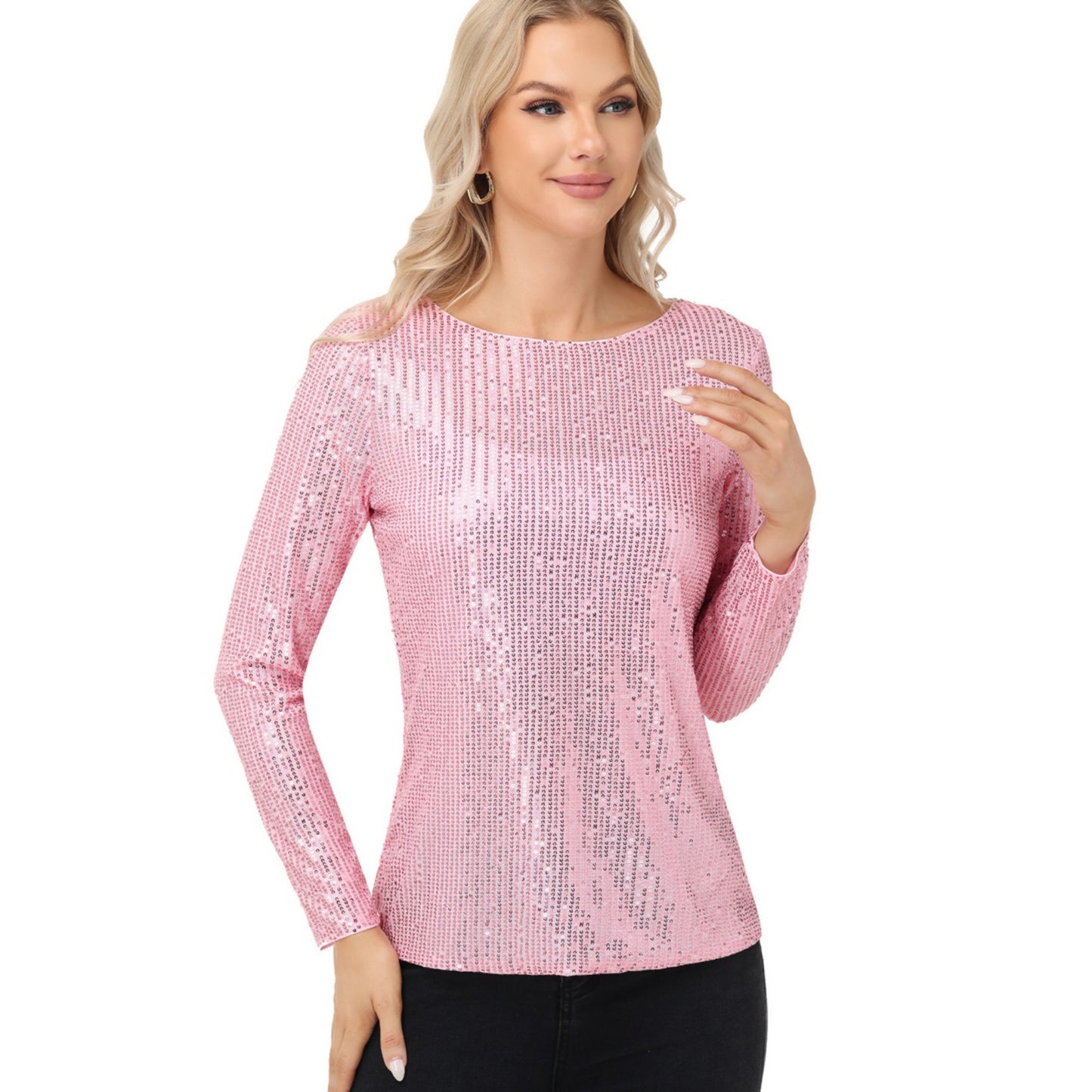 Long Sleeve Sequin Top with Crew Neck and Fitted Silhouette